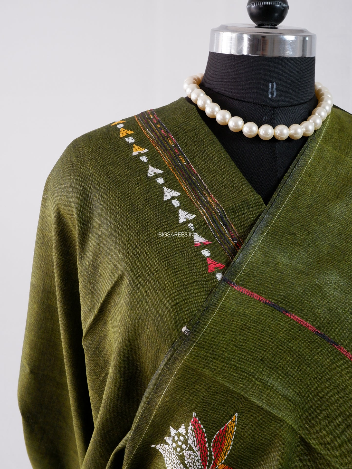 Kantha Stitch Hand-Embroidered Saree | Pure Khesh Cotton | Mehendi Green