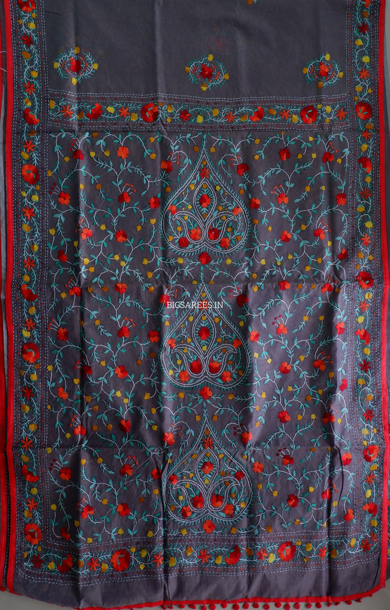 Phulkari Hand-Embroidered Saree | Chanderi Silk | Grey