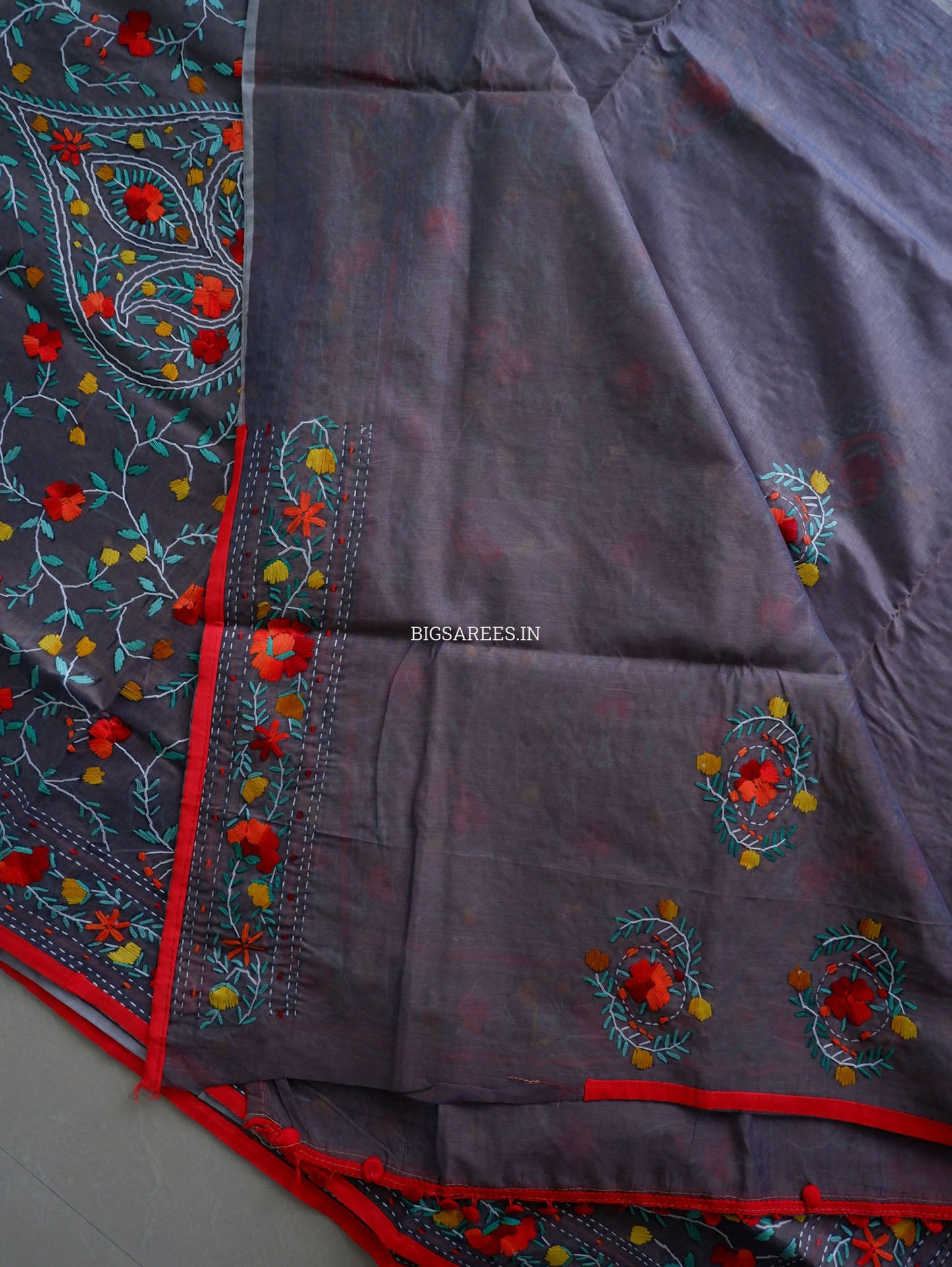 Phulkari Hand-Embroidered Saree | Chanderi Silk | Grey