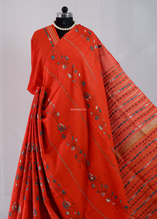 Kantha Stitch Hand-Embroidered Saree | Pure Khesh Cotton | Bright Orange