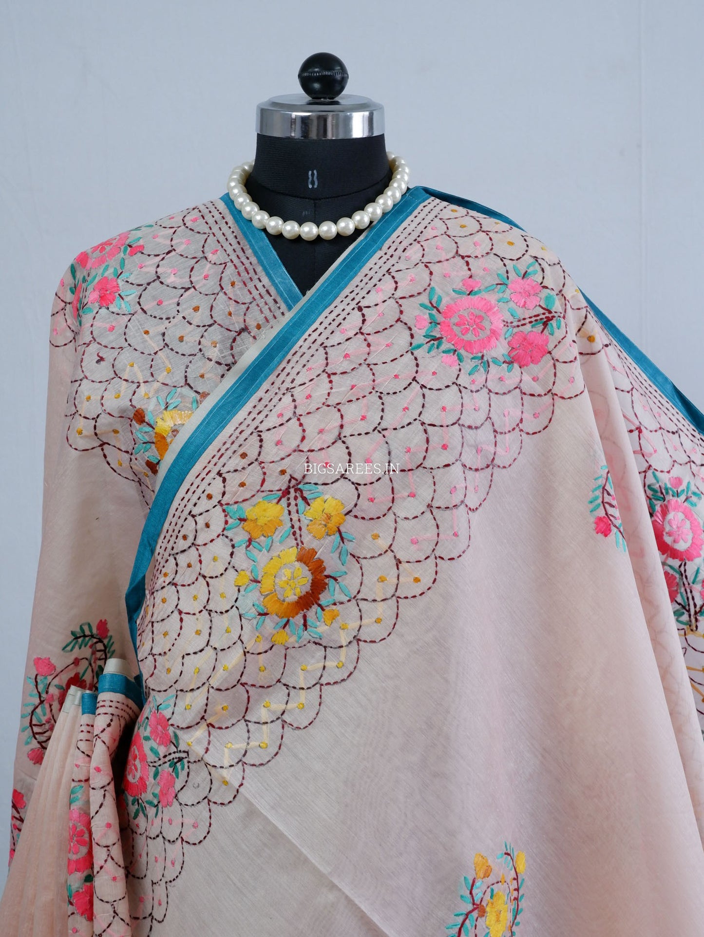 Phulkari Hand-Embroidered Saree | Chanderi Silk | Pastel Pink