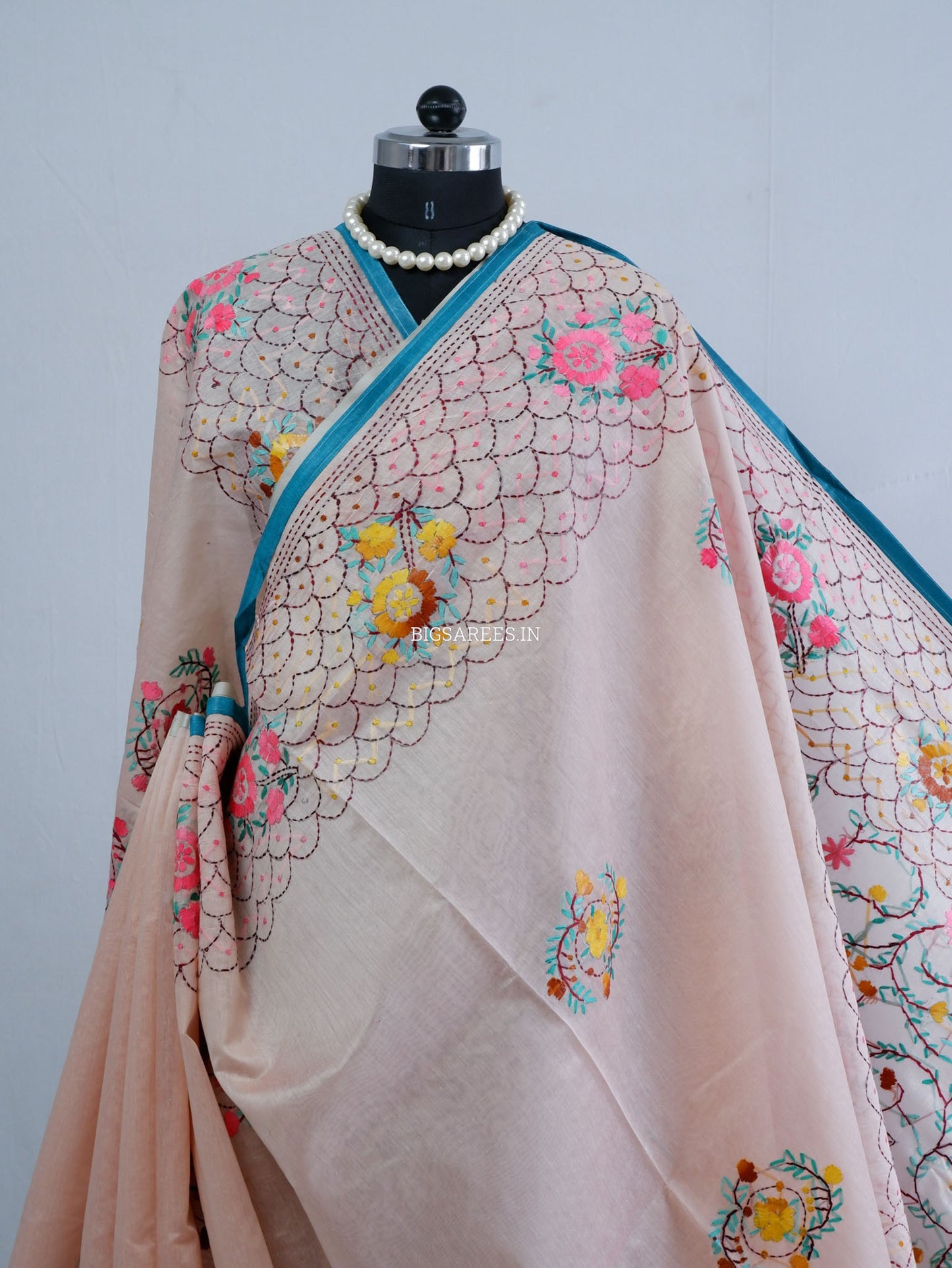 Phulkari Hand-Embroidered Saree | Chanderi Silk | Pastel Pink