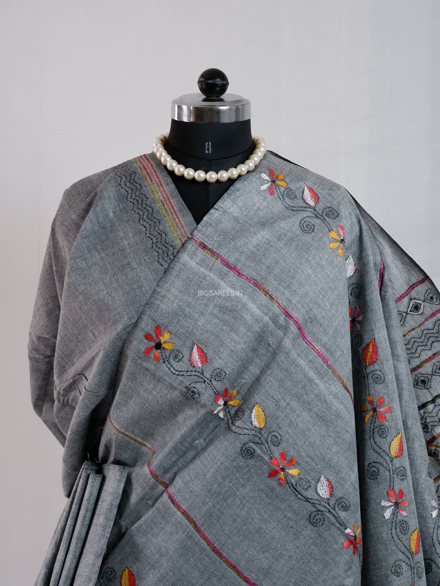Kantha Stitch Hand-Embroidered Saree | Pure Khesh Cotton | Grey