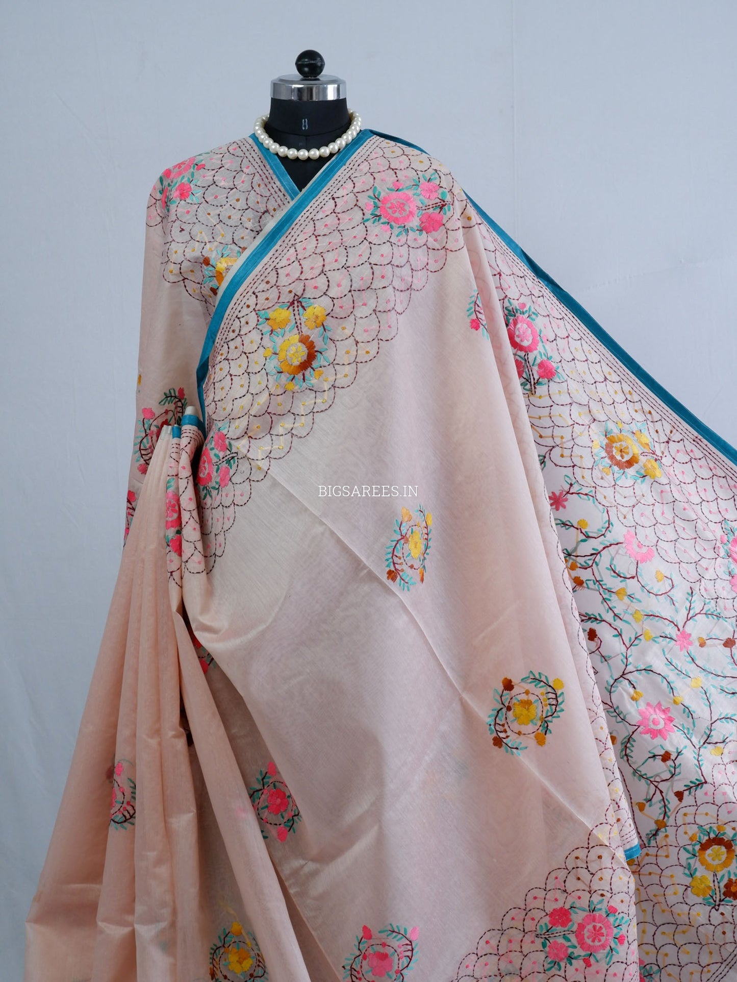 Phulkari Hand-Embroidered Saree | Chanderi Silk | Pastel Pink