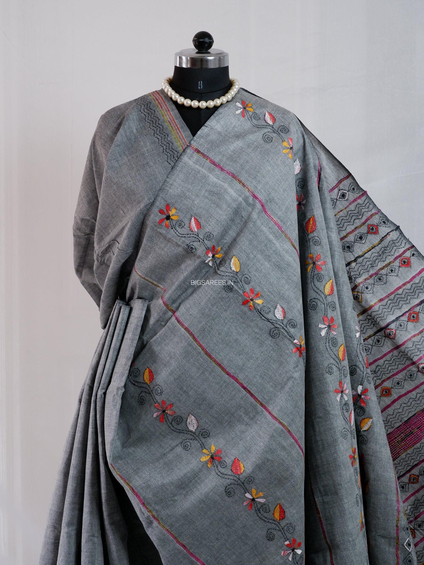 Kantha Stitch Hand-Embroidered Saree | Pure Khesh Cotton | Grey