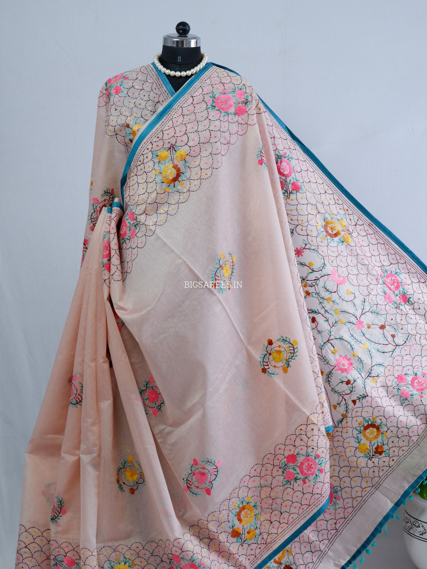 Phulkari Hand-Embroidered Saree | Chanderi Silk | Pastel Pink