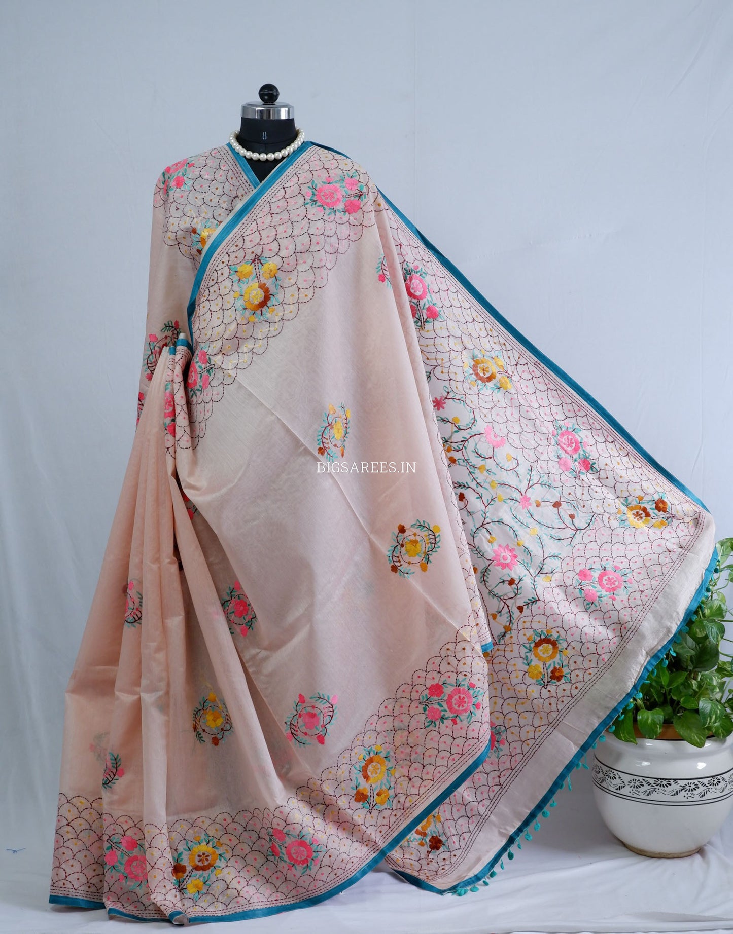 Phulkari Hand-Embroidered Saree | Chanderi Silk | Pastel Pink