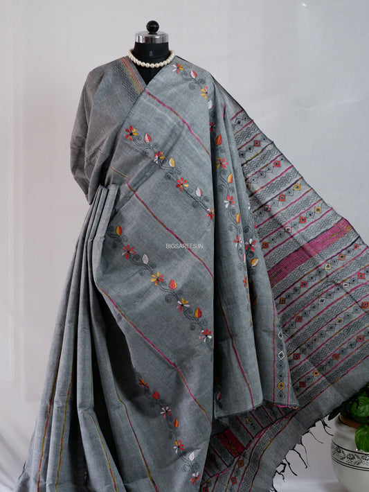 Kantha Stitch Hand-Embroidered Saree | Pure Khesh Cotton | Grey