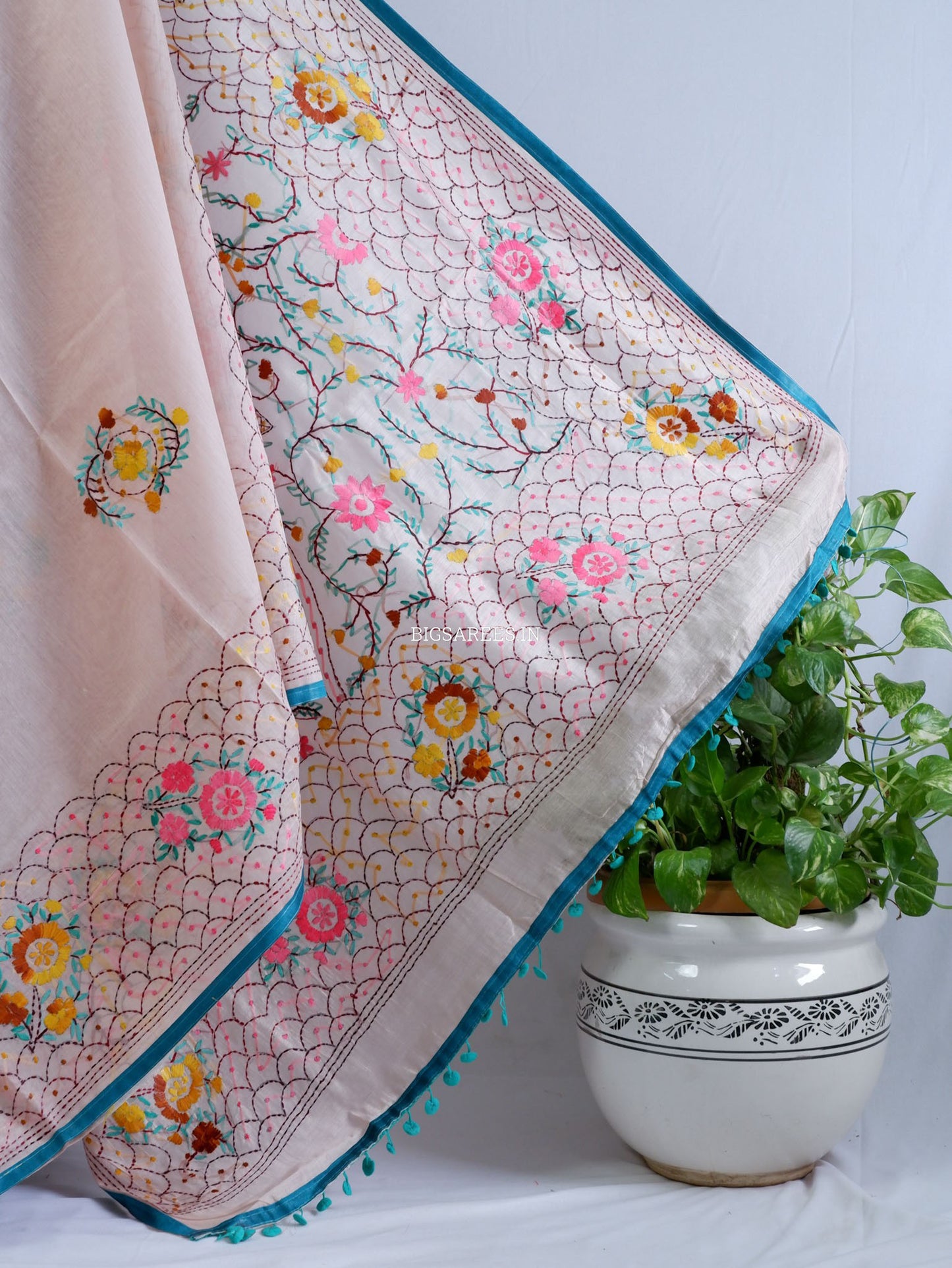 Phulkari Hand-Embroidered Saree | Chanderi Silk | Pastel Pink