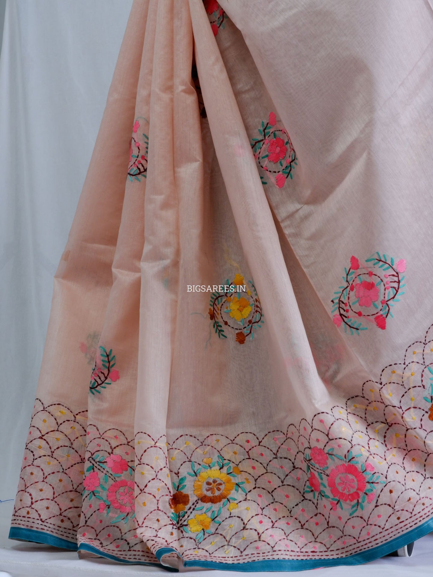 Phulkari Hand-Embroidered Saree | Chanderi Silk | Pastel Pink