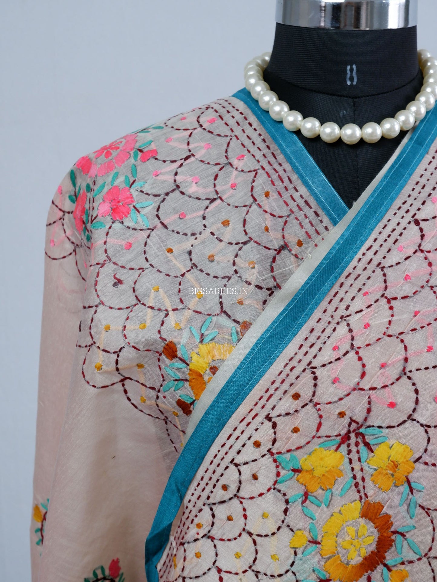 Phulkari Hand-Embroidered Saree | Chanderi Silk | Pastel Pink