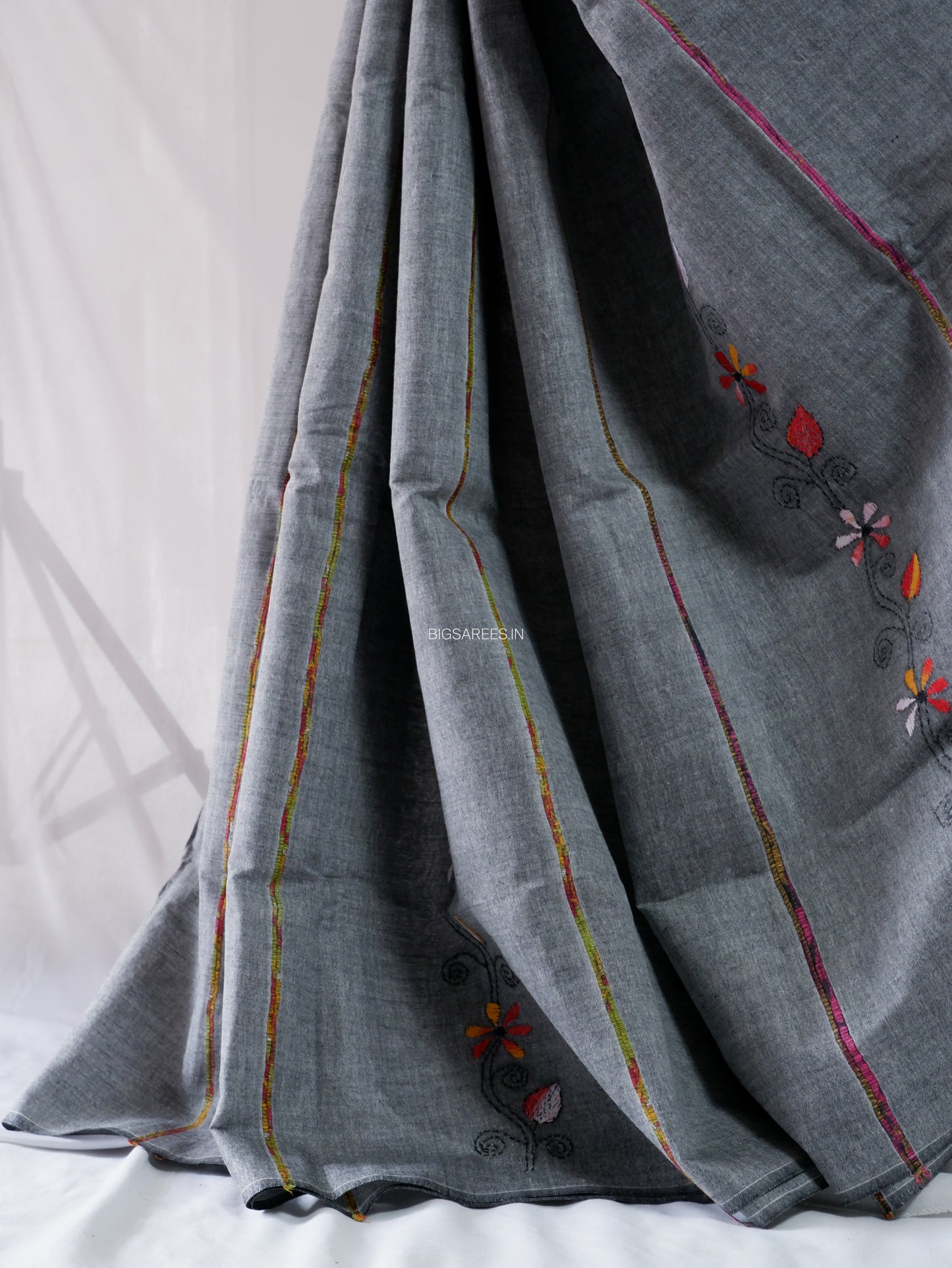 Kantha Stitch Hand-Embroidered Saree | Pure Khesh Cotton | Grey