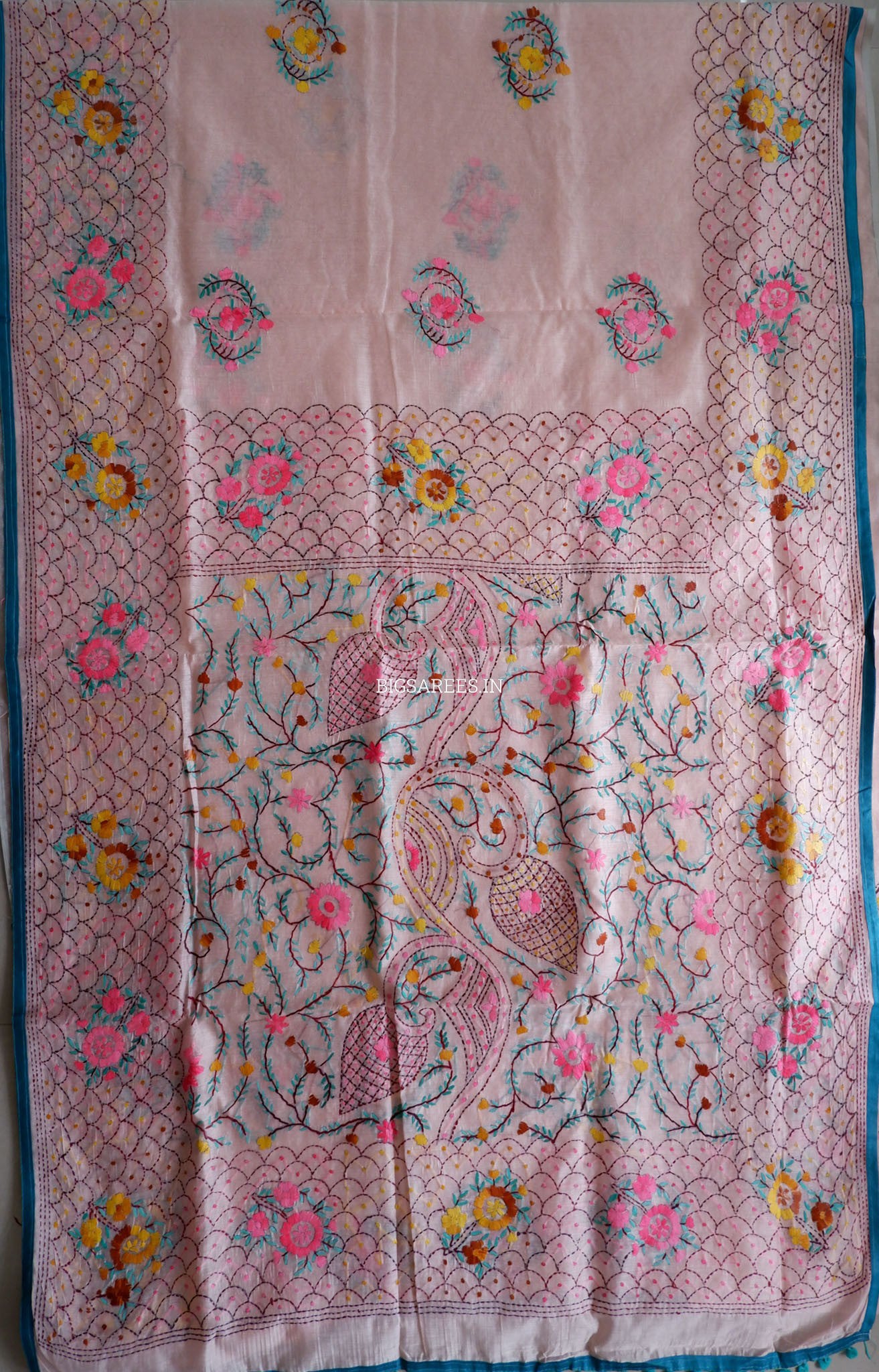 Phulkari Hand-Embroidered Saree | Chanderi Silk | Pastel Pink