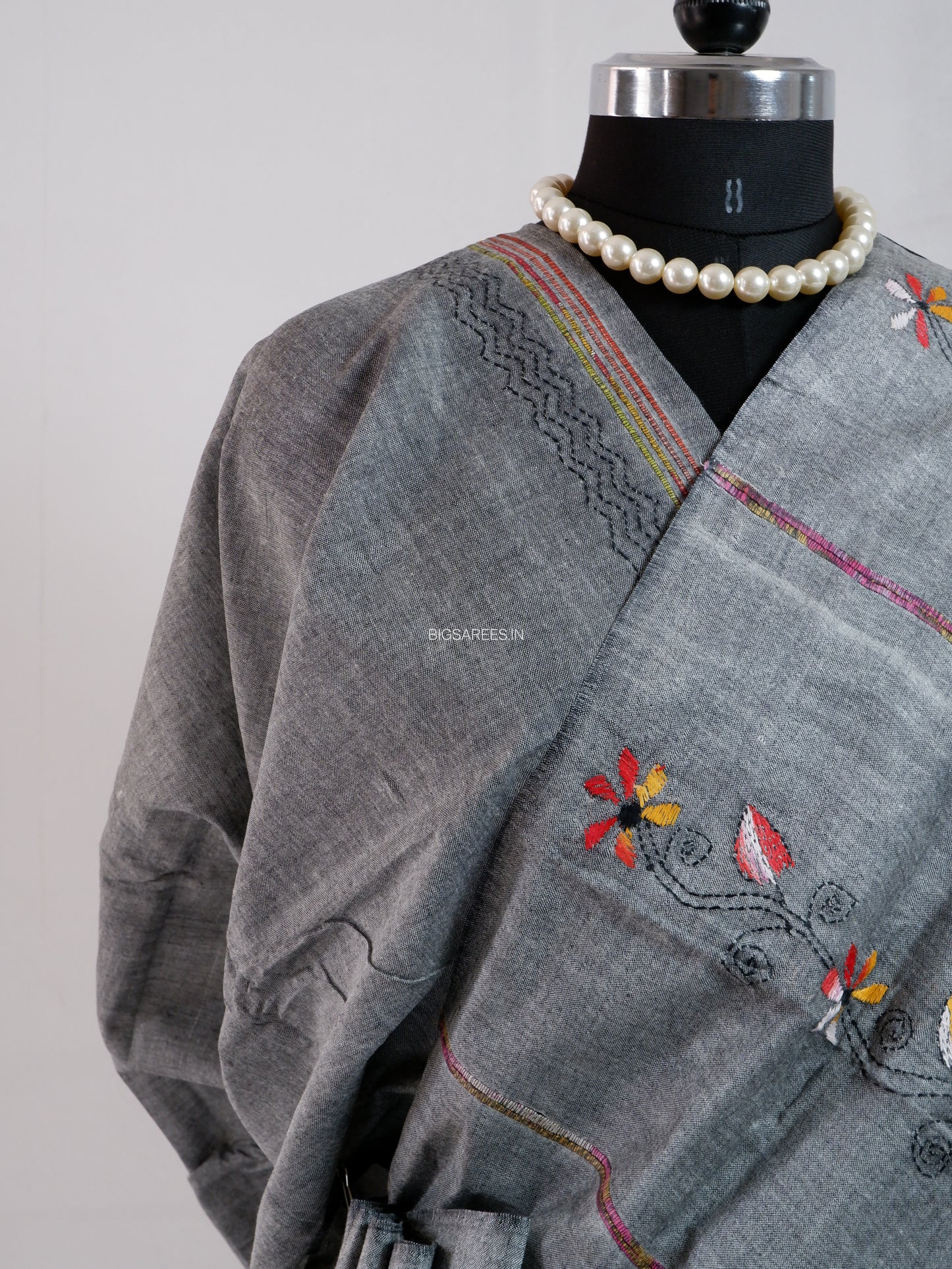 Kantha Stitch Hand-Embroidered Saree | Pure Khesh Cotton | Grey