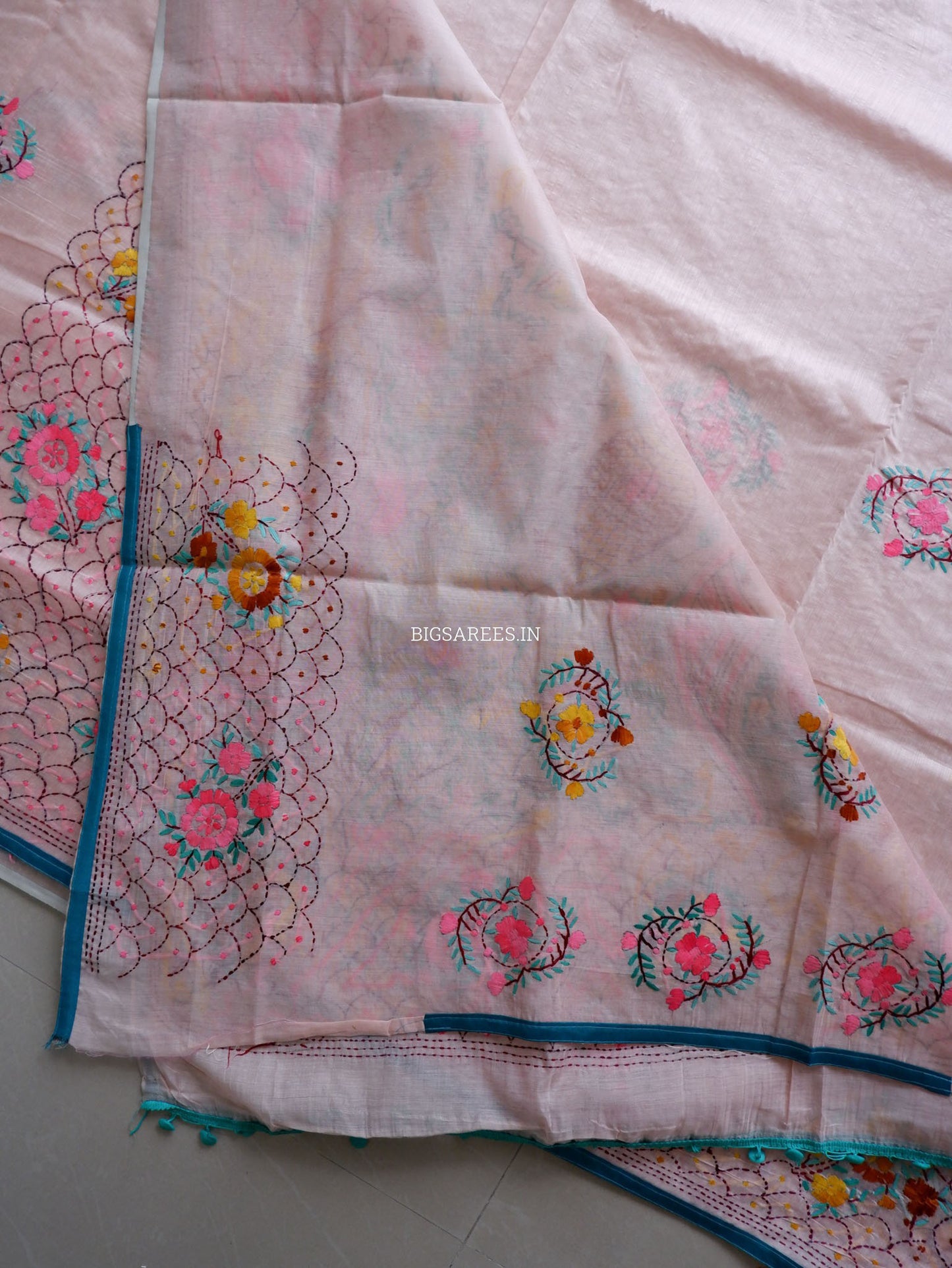 Phulkari Hand-Embroidered Saree | Chanderi Silk | Pastel Pink