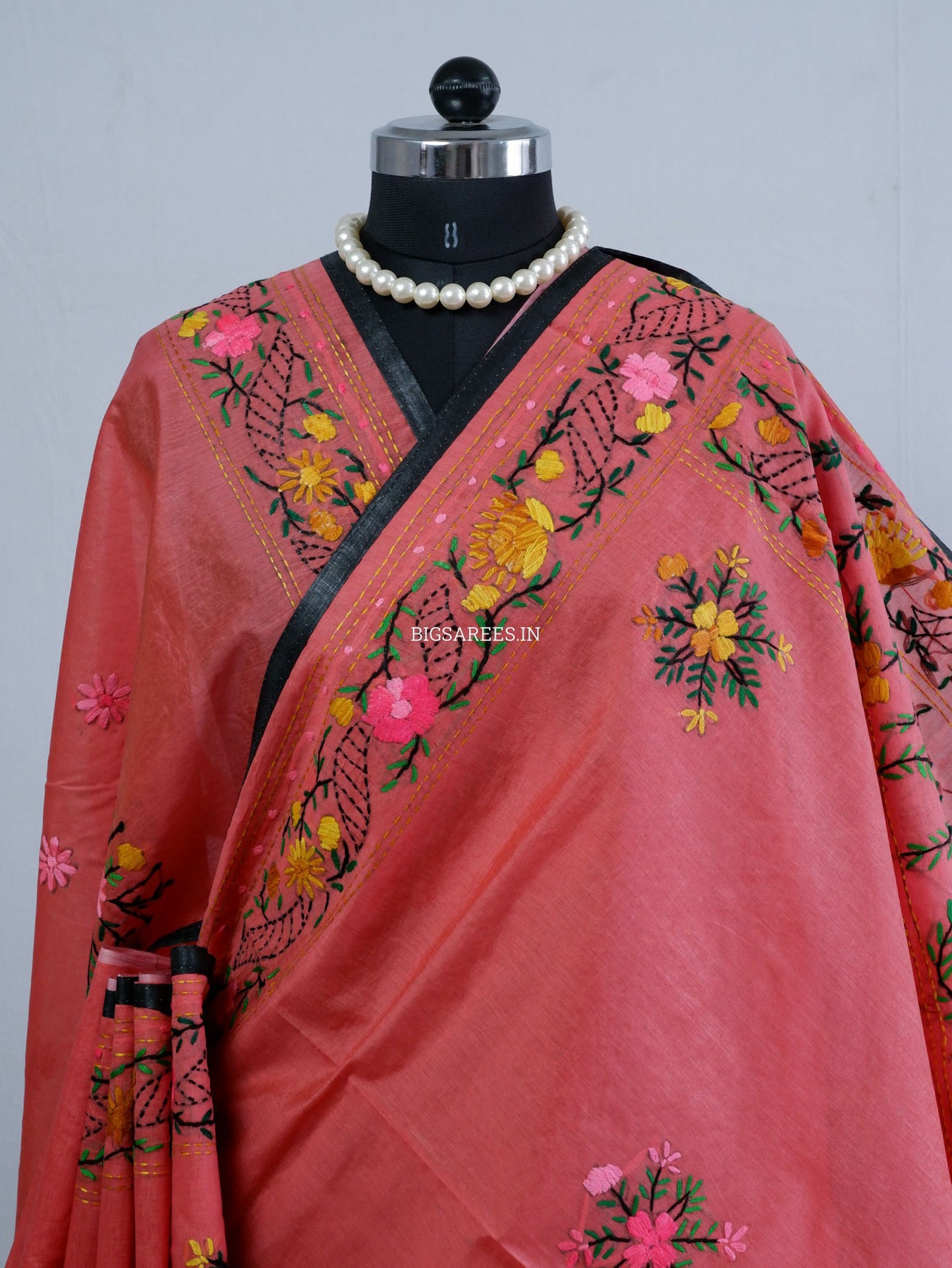 Phulkari Hand-Embroidered Saree | Chanderi Silk | Deep Red