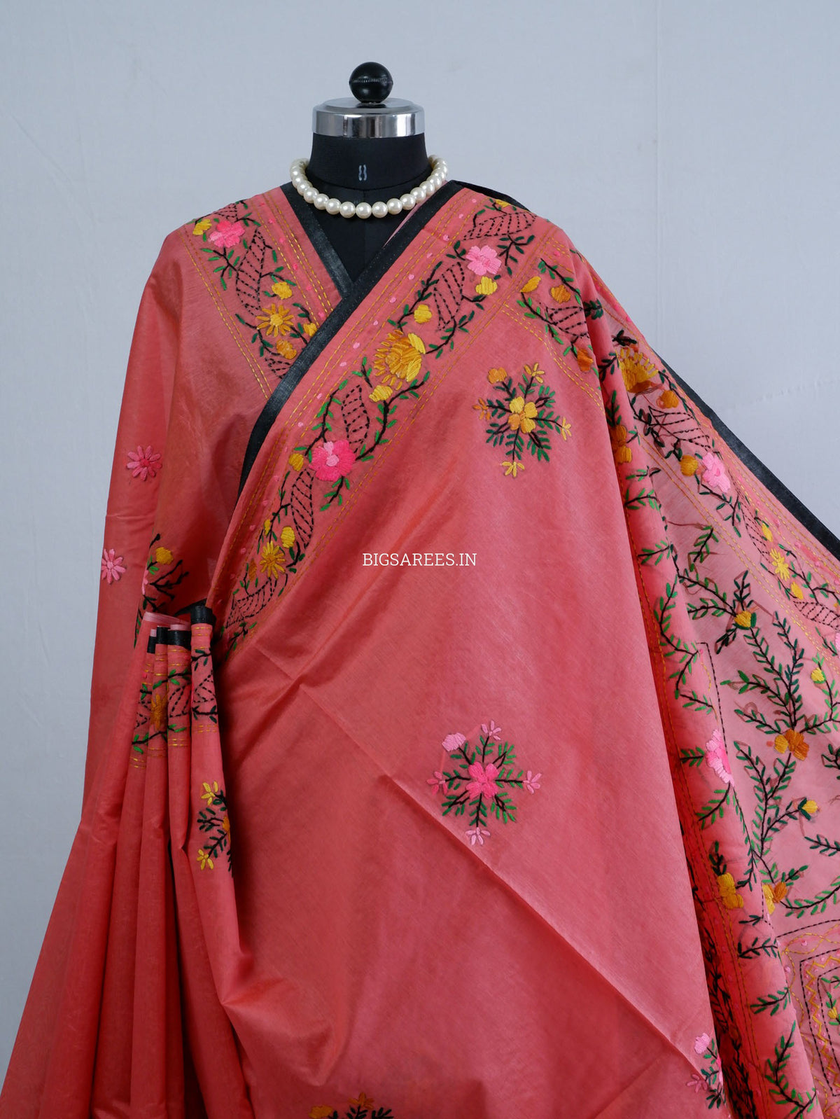 Phulkari Hand-Embroidered Saree | Chanderi Silk | Deep Red