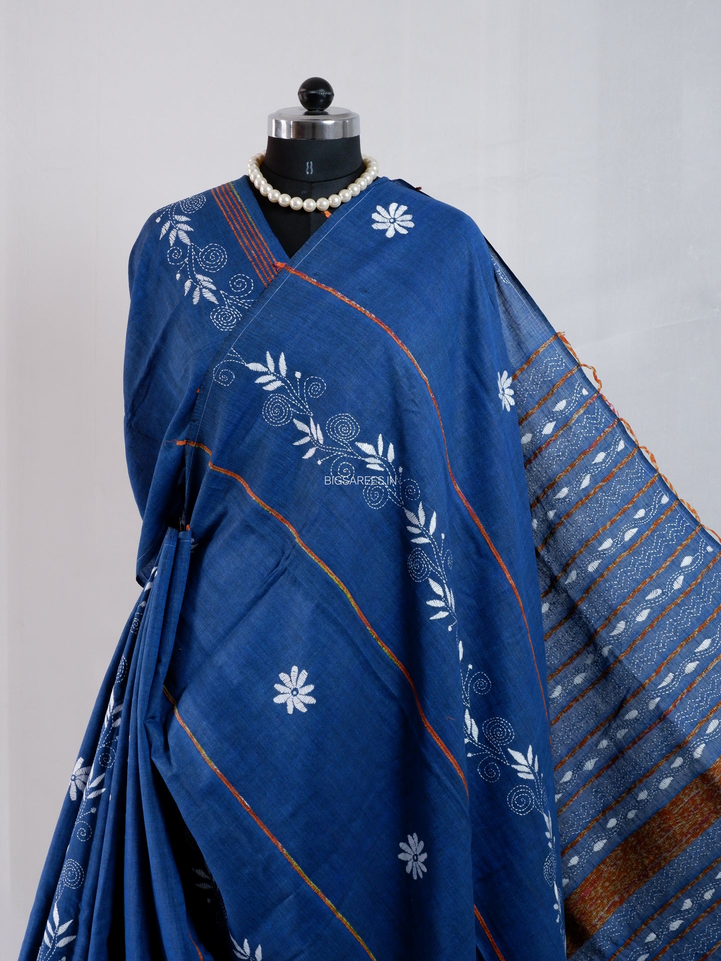 Kantha Stitch Hand-Embroidered Saree | Pure Khesh Cotton | Indigo Blue