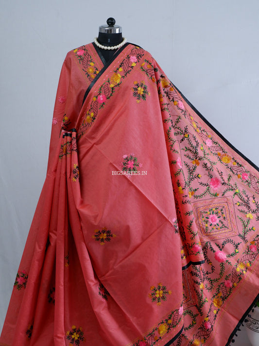 Phulkari Hand-Embroidered Saree | Chanderi Silk | Deep Red