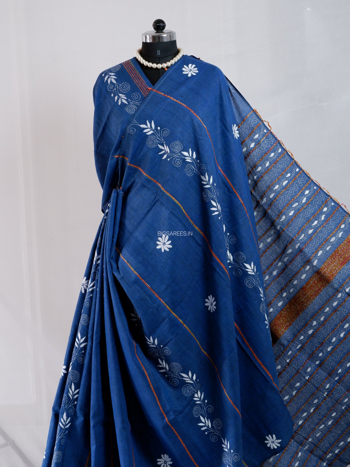 Kantha Stitch Hand-Embroidered Saree | Pure Khesh Cotton | Indigo Blue