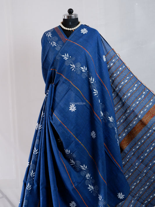 Kantha Stitch Hand-Embroidered Saree | Pure Khesh Cotton | Indigo Blue