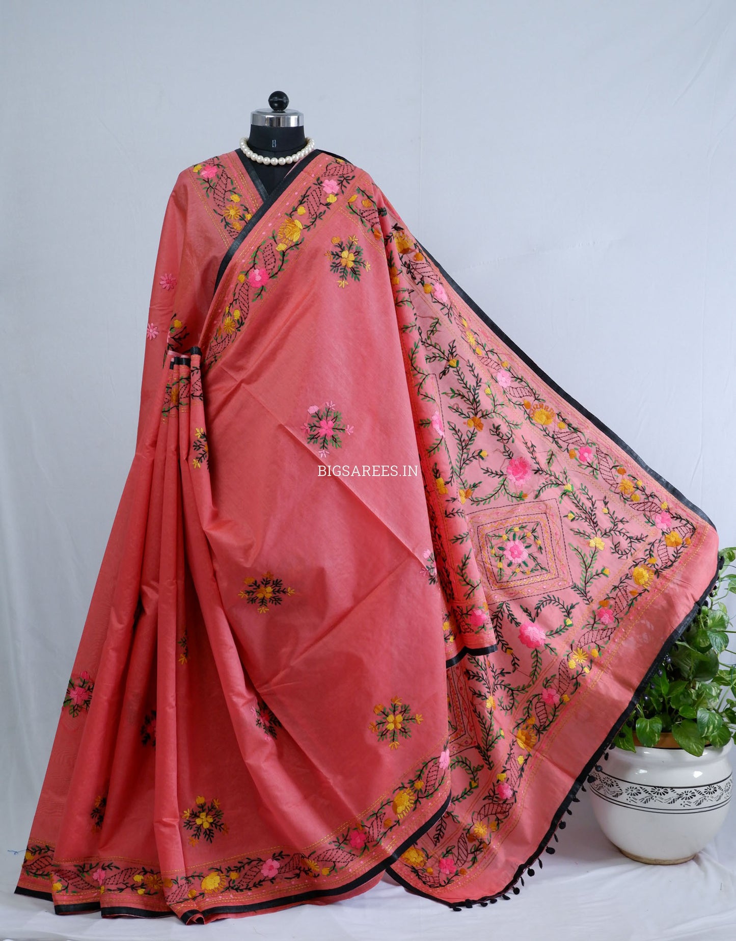 Phulkari Hand-Embroidered Saree | Chanderi Silk | Deep Red
