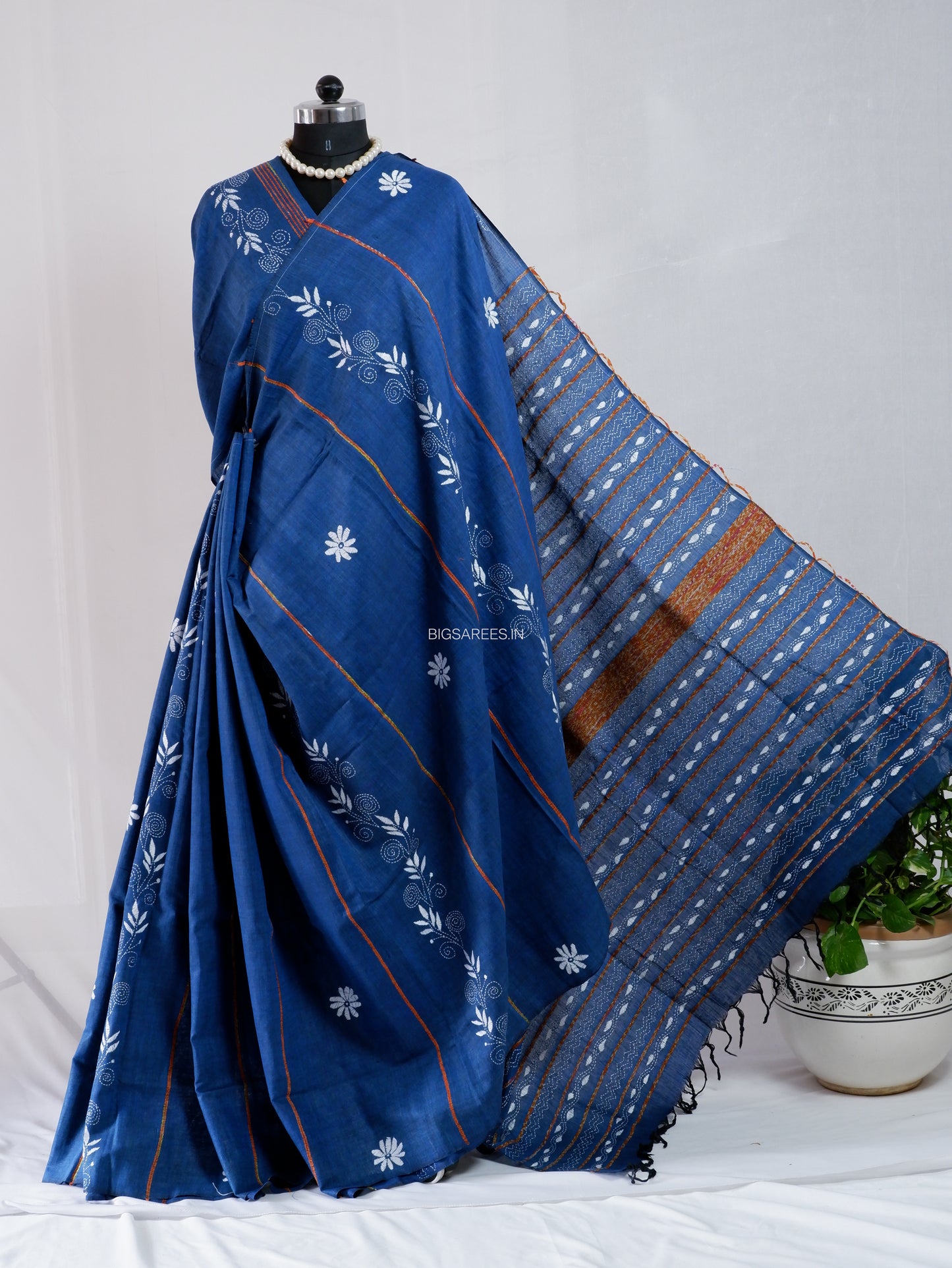 Kantha Stitch Hand-Embroidered Saree | Pure Khesh Cotton | Indigo Blue