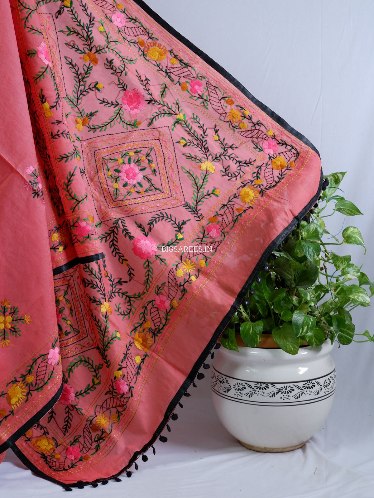 Phulkari Hand-Embroidered Saree | Chanderi Silk | Deep Red