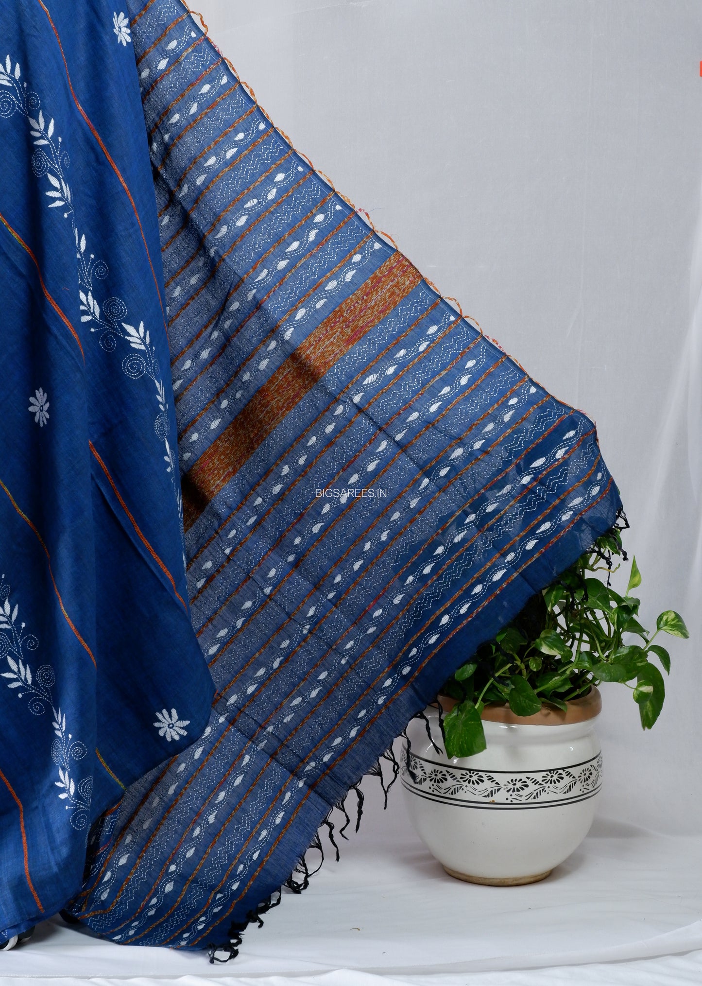 Kantha Stitch Hand-Embroidered Saree | Pure Khesh Cotton | Indigo Blue