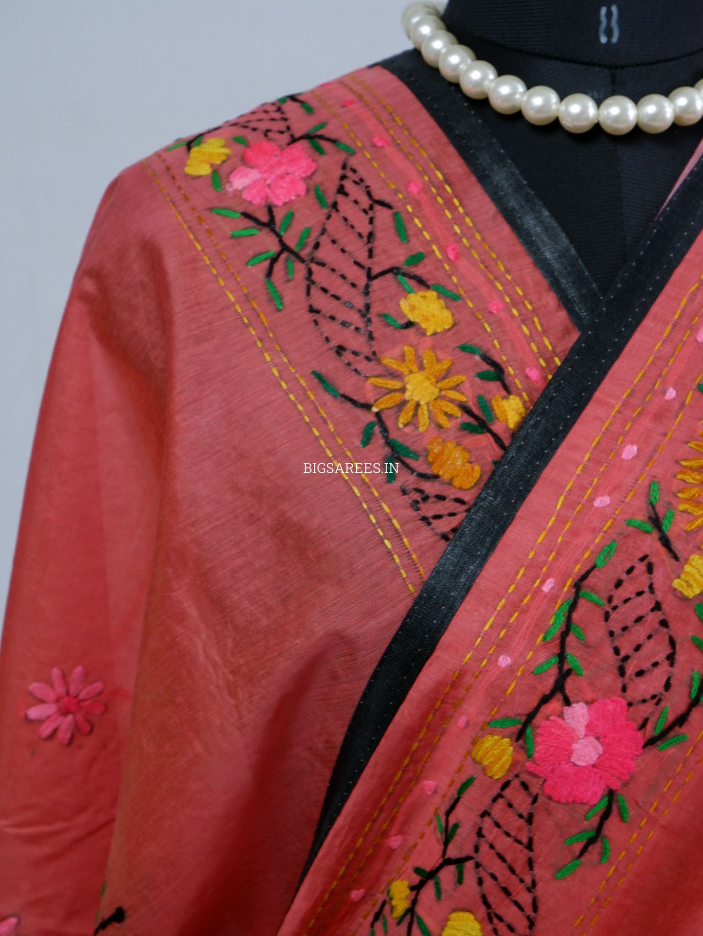 Phulkari Hand-Embroidered Saree | Chanderi Silk | Deep Red