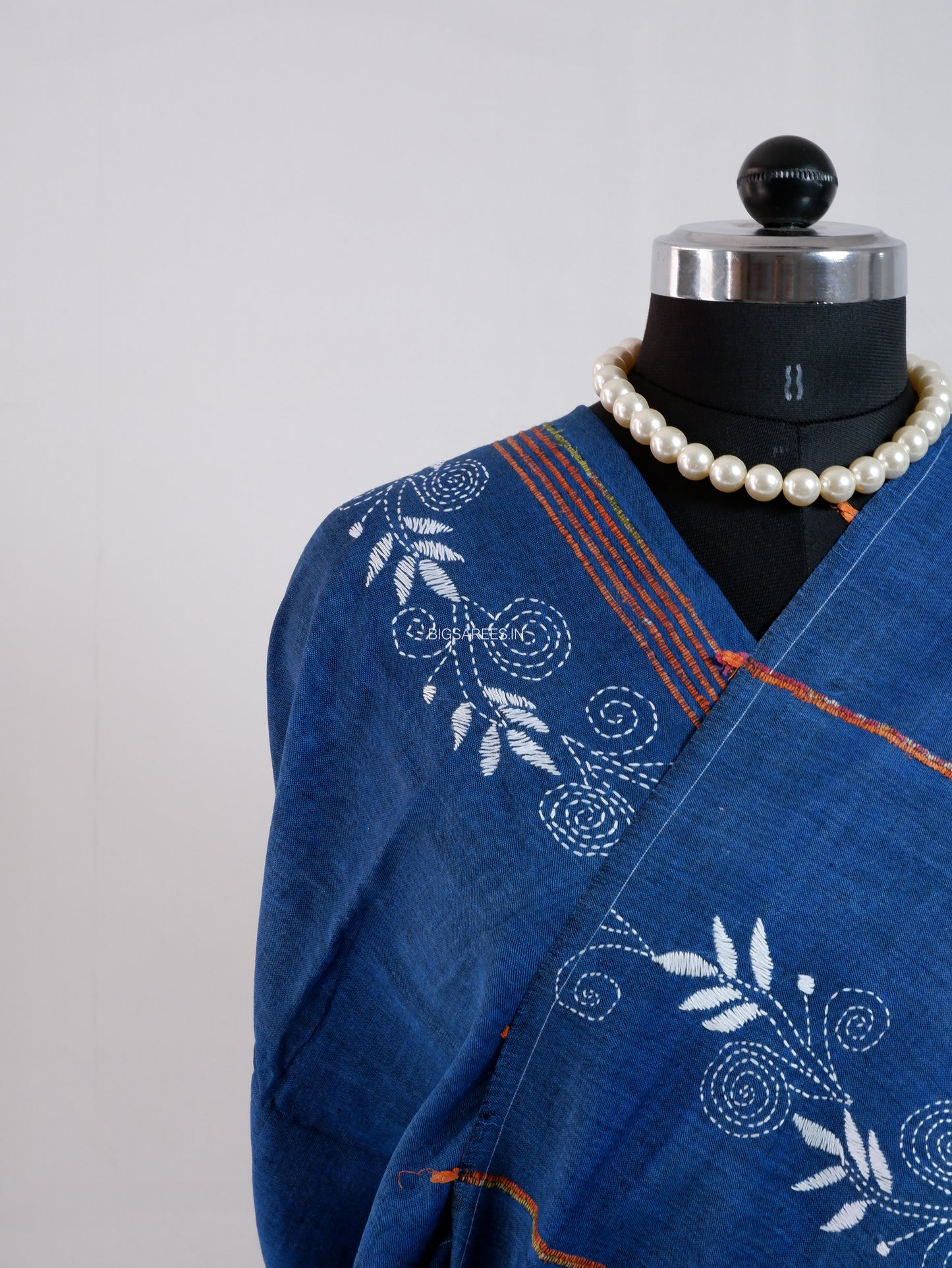 Kantha Stitch Hand-Embroidered Saree | Pure Khesh Cotton | Indigo Blue
