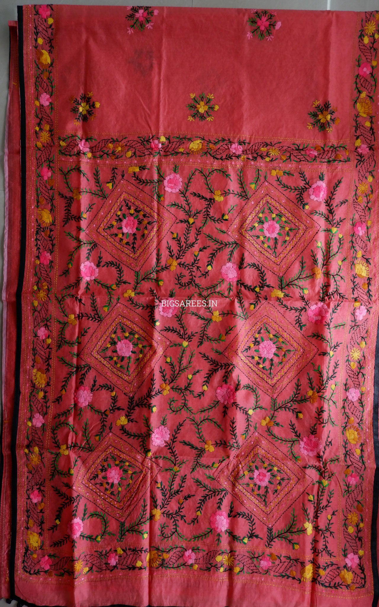 Phulkari Hand-Embroidered Saree | Chanderi Silk | Deep Red