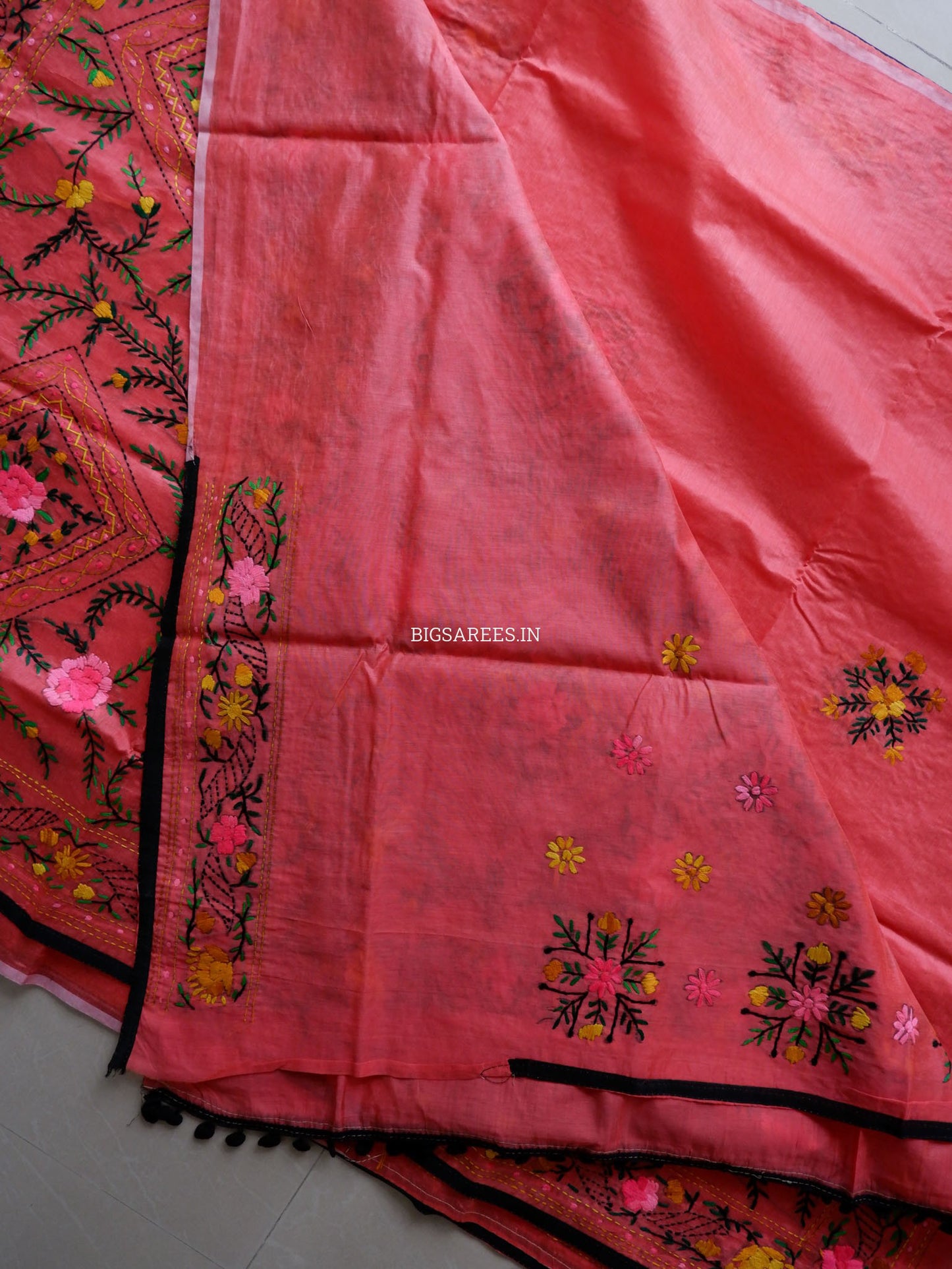 Phulkari Hand-Embroidered Saree | Chanderi Silk | Deep Red