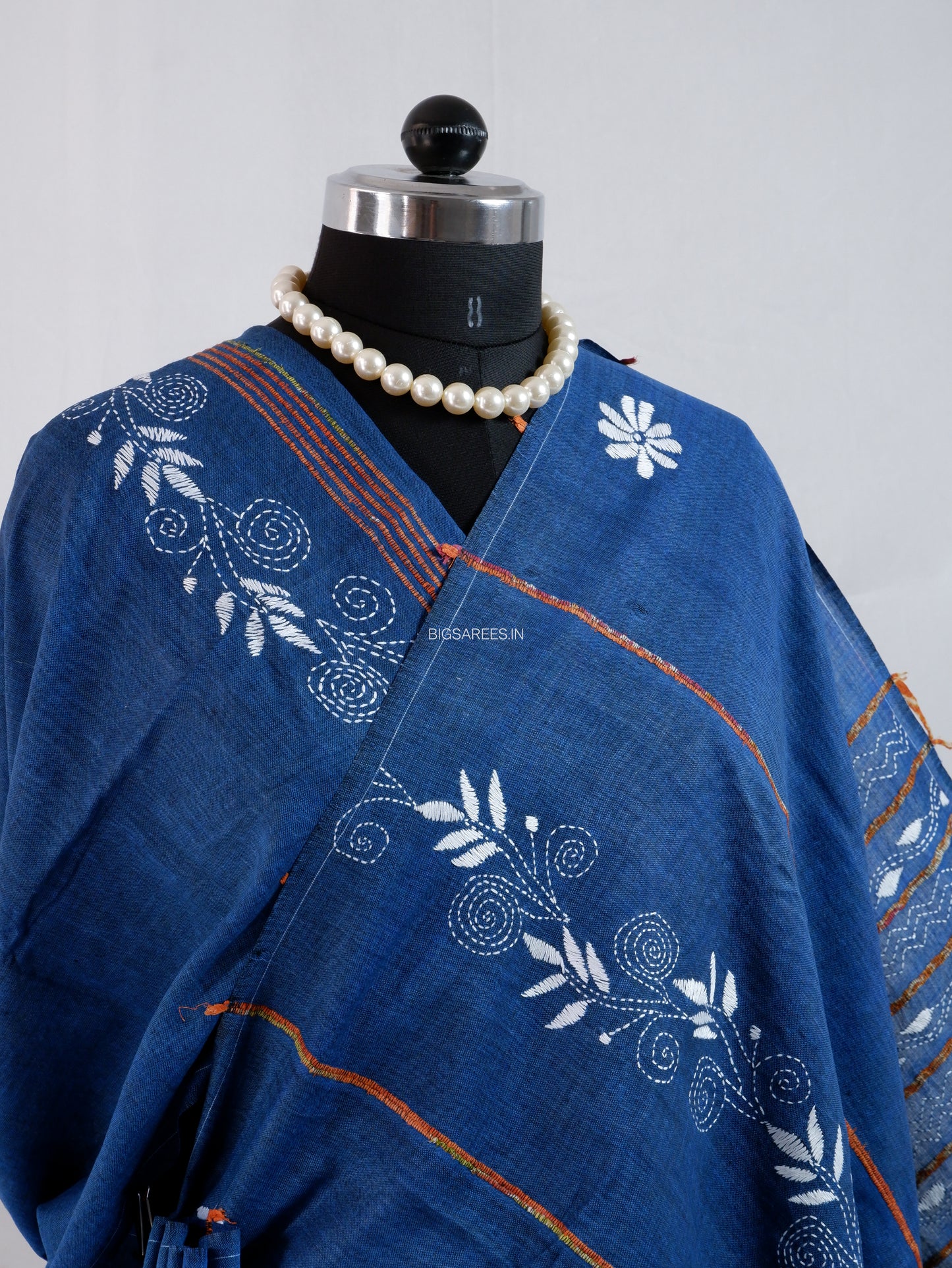 Kantha Stitch Hand-Embroidered Saree | Pure Khesh Cotton | Indigo Blue