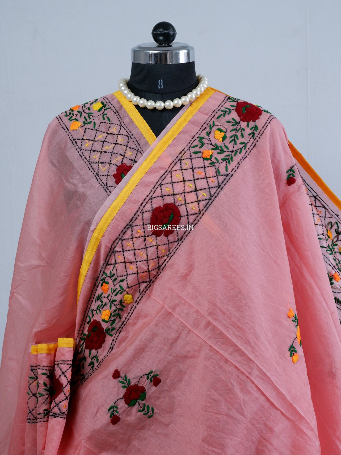 Phulkari Hand-Embroidered Saree | Chanderi Silk | Pink
