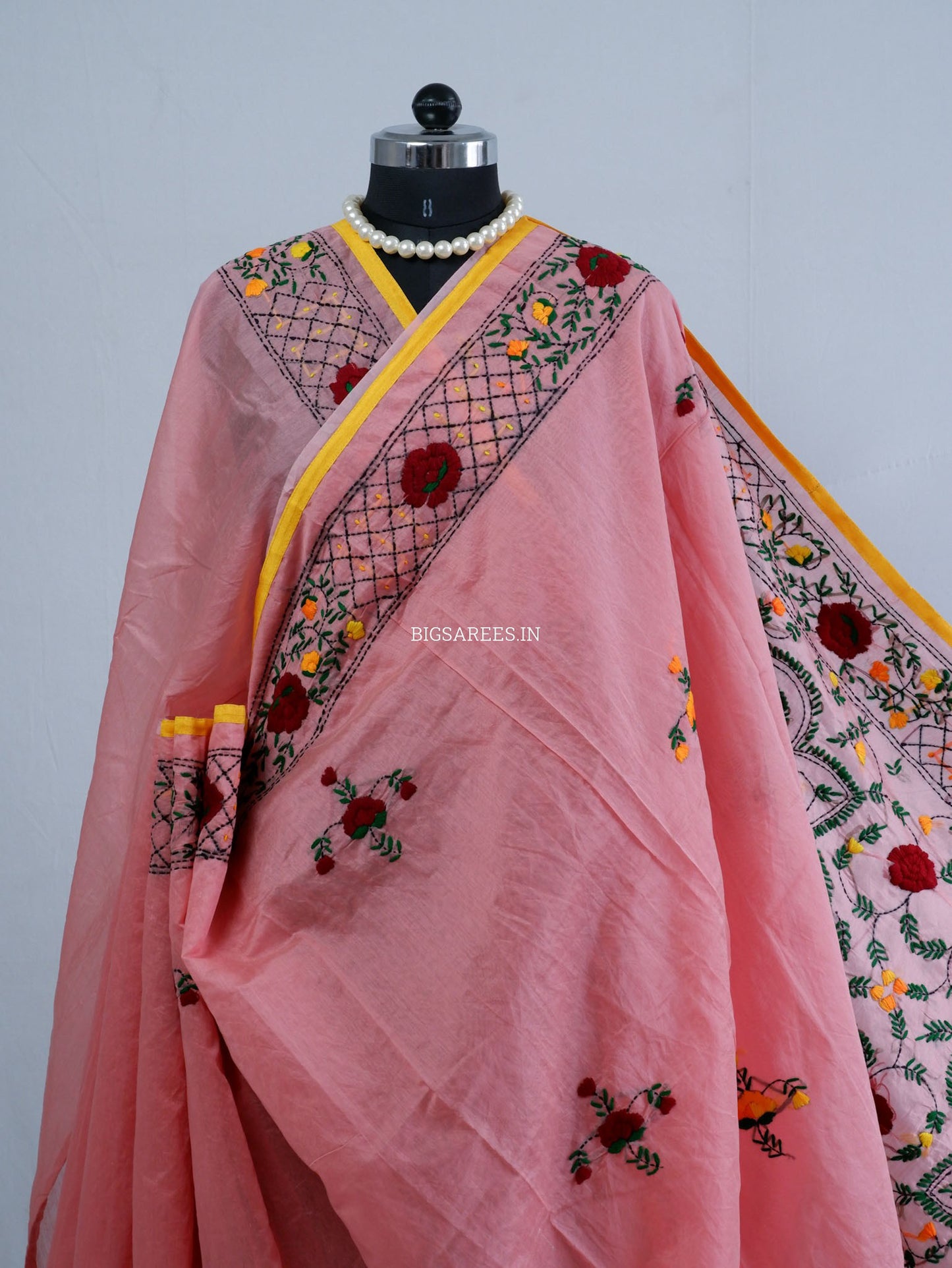 Phulkari Hand-Embroidered Saree | Chanderi Silk | Pink