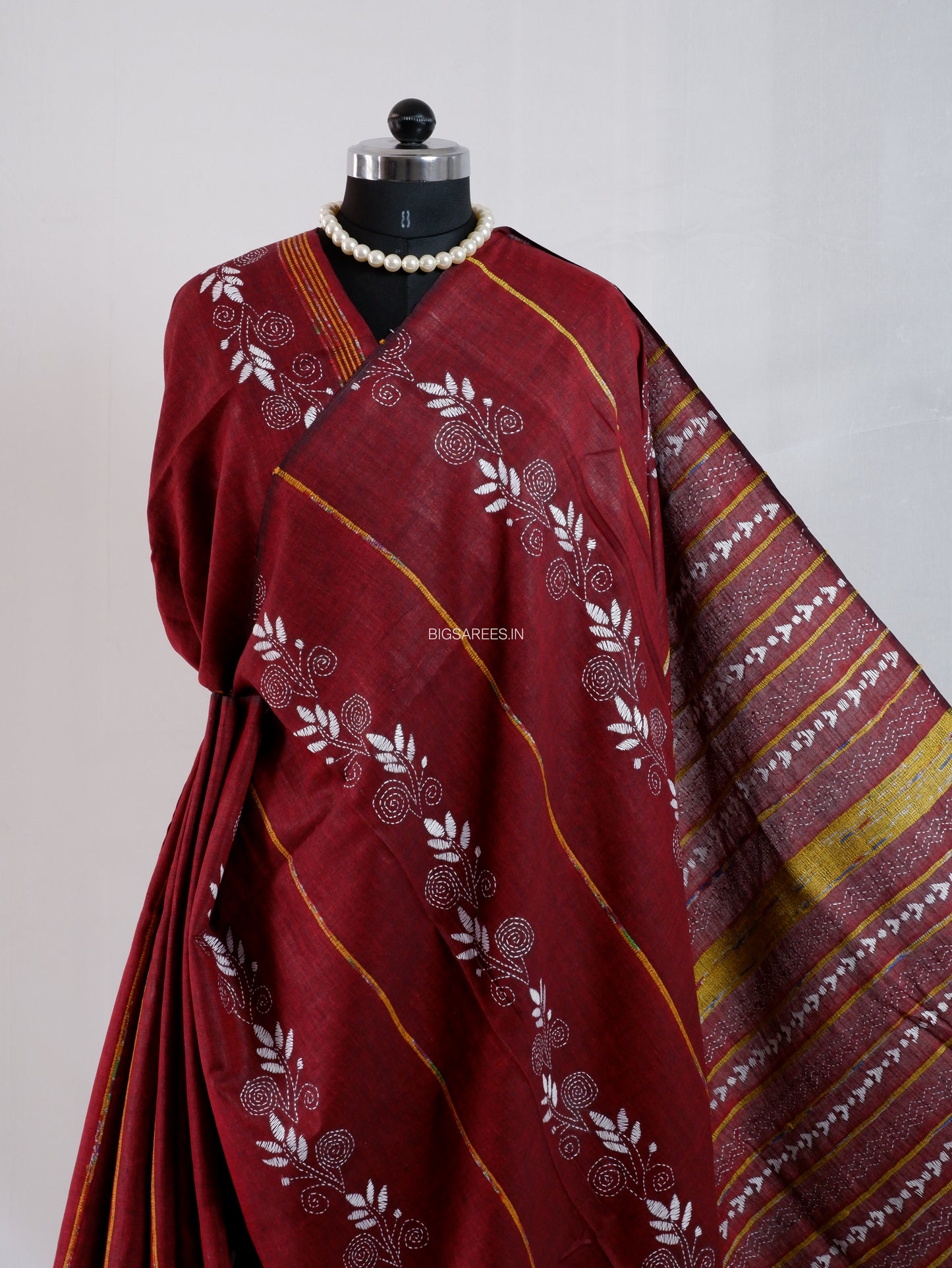 Kantha Stitch Hand-Embroidered Saree | Pure Khesh Cotton | Maroon