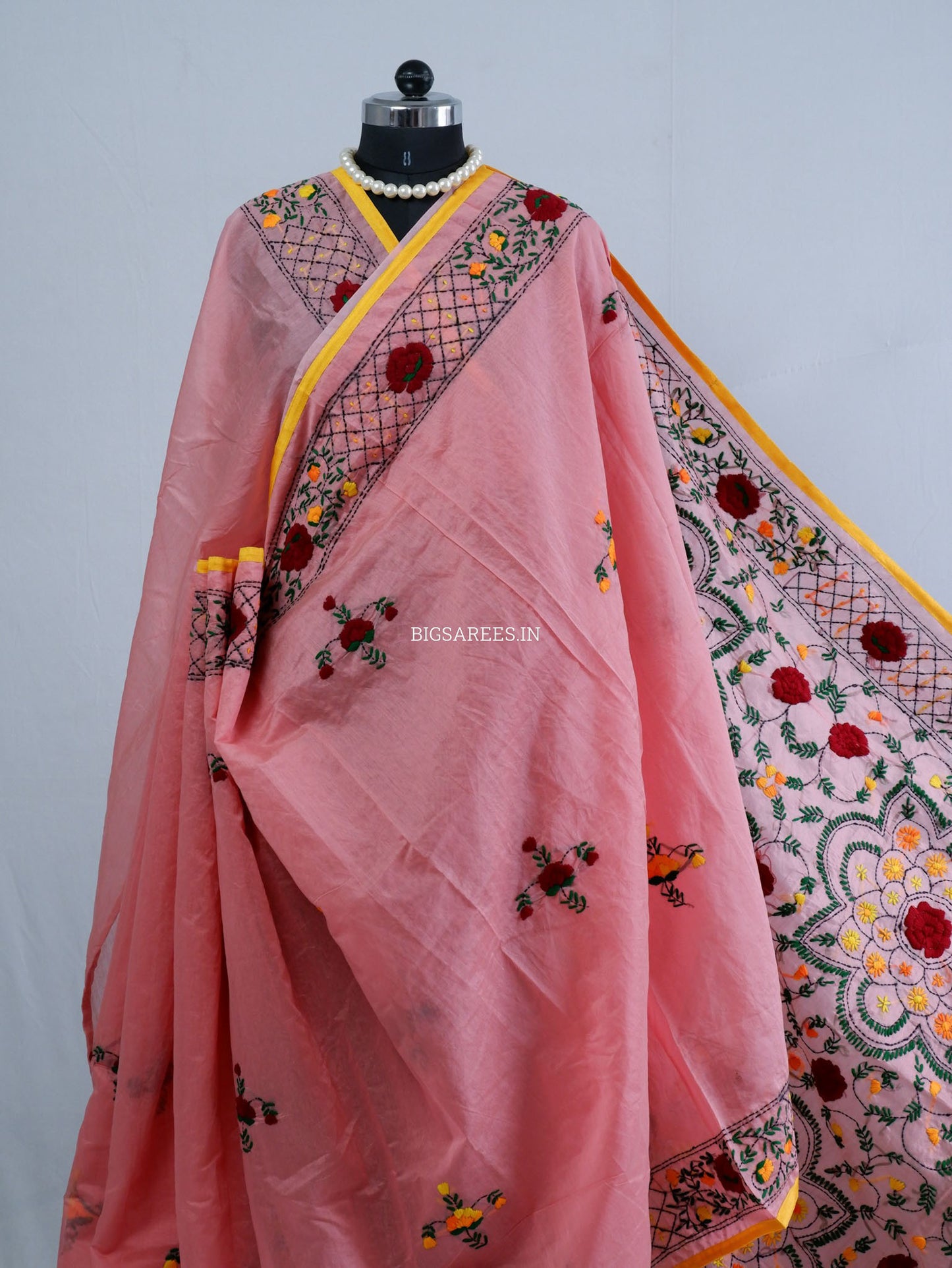 Phulkari Hand-Embroidered Saree | Chanderi Silk | Pink