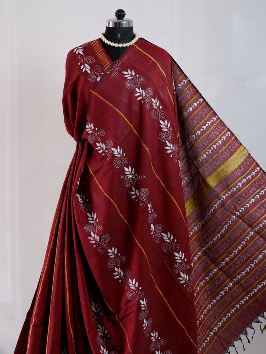 Kantha Stitch Hand-Embroidered Saree | Pure Khesh Cotton | Maroon