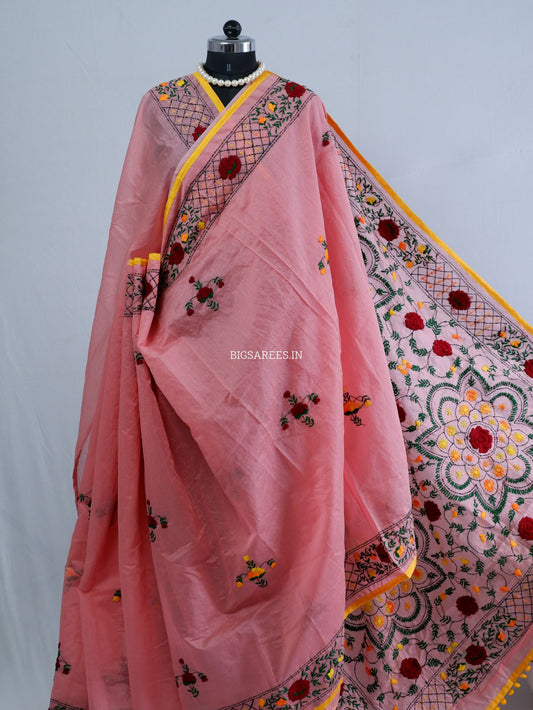 Phulkari Hand-Embroidered Saree | Chanderi Silk | Pink