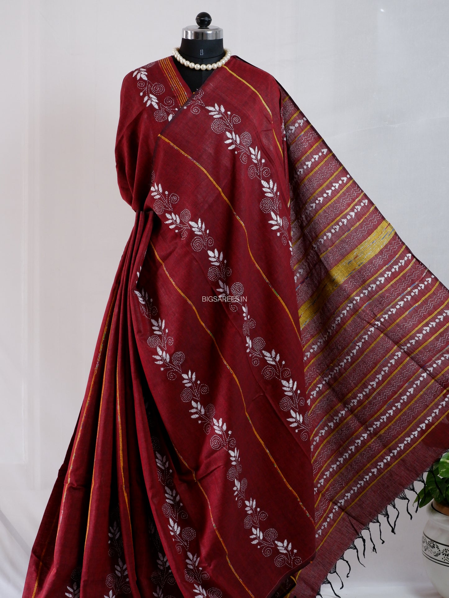 Kantha Stitch Hand-Embroidered Saree | Pure Khesh Cotton | Maroon