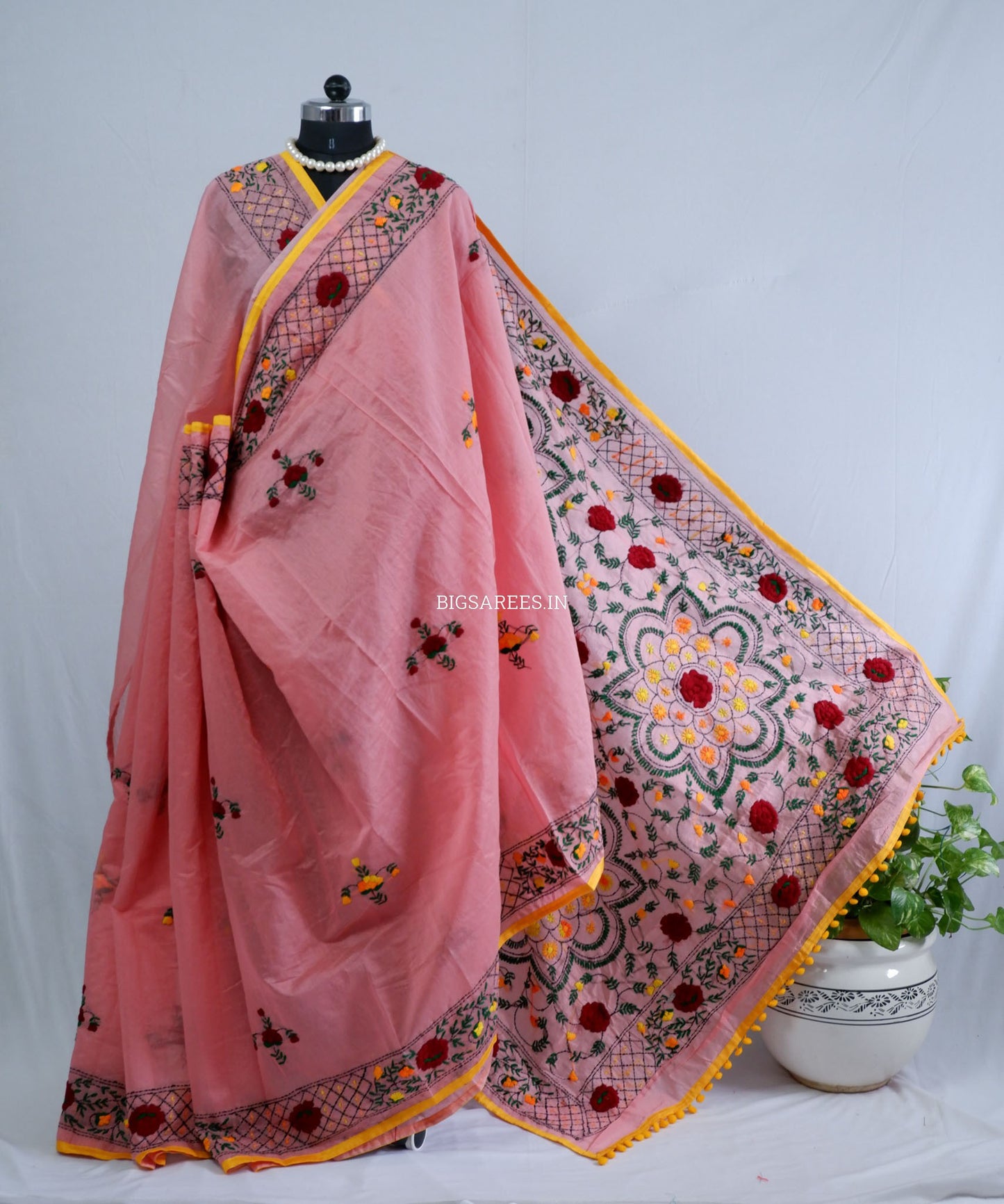 Phulkari Hand-Embroidered Saree | Chanderi Silk | Pink