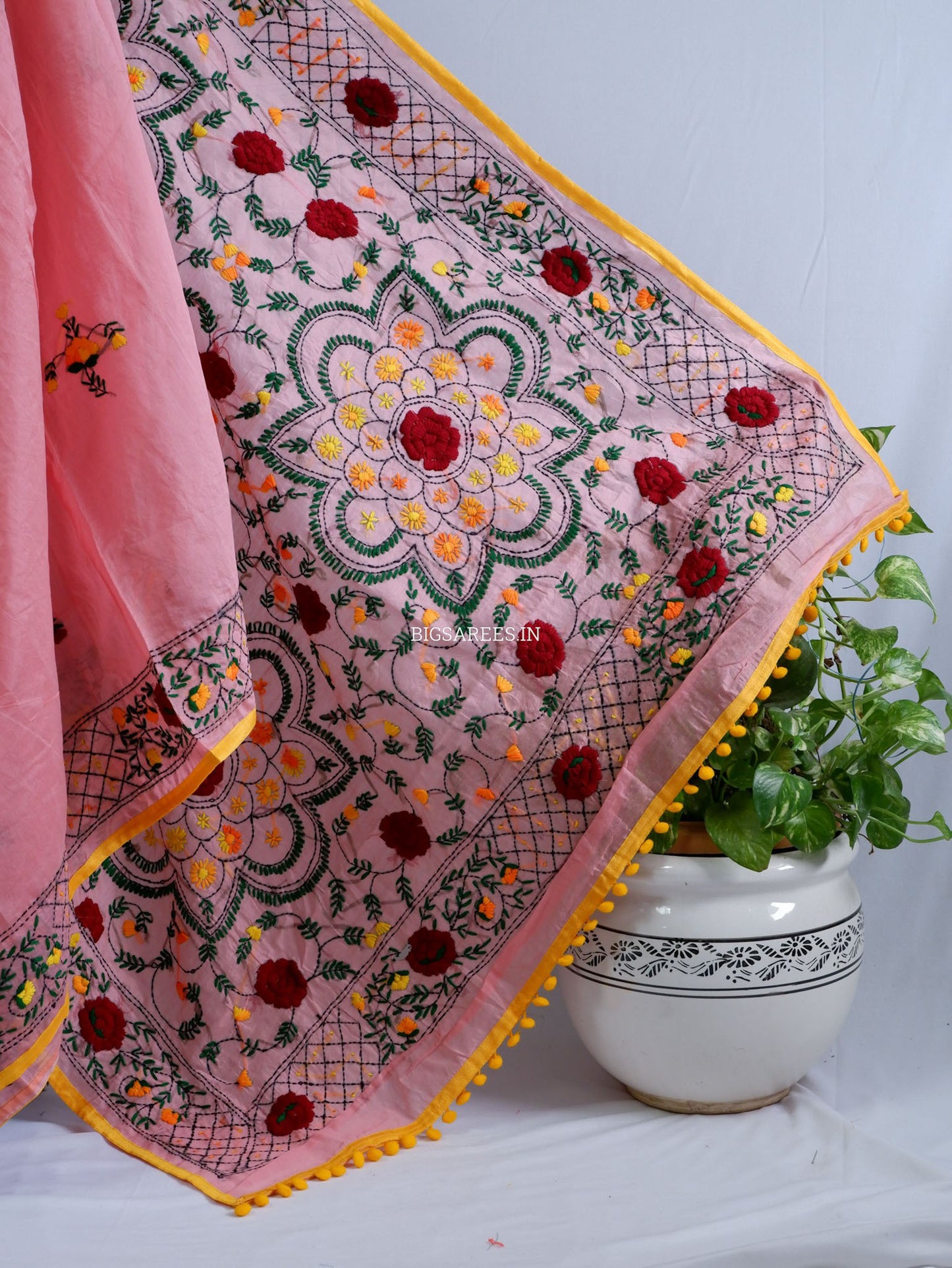 Phulkari Hand-Embroidered Saree | Chanderi Silk | Pink