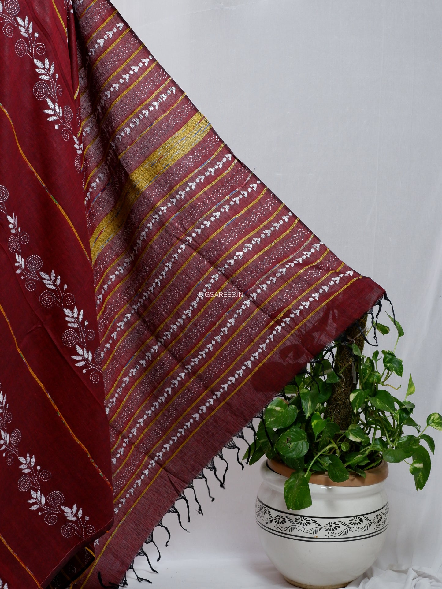 Kantha Stitch Hand-Embroidered Saree | Pure Khesh Cotton | Maroon