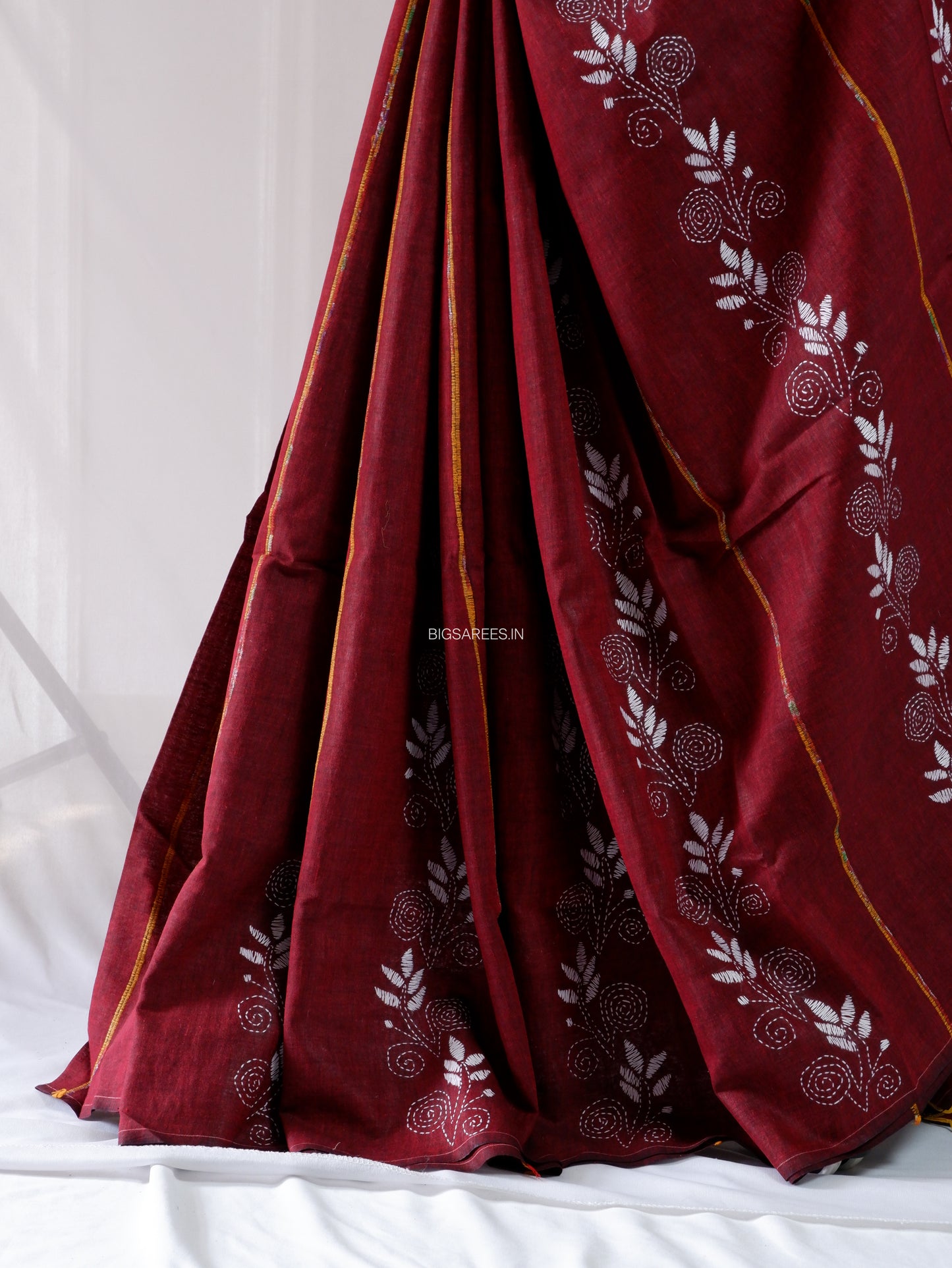 Kantha Stitch Hand-Embroidered Saree | Pure Khesh Cotton | Maroon