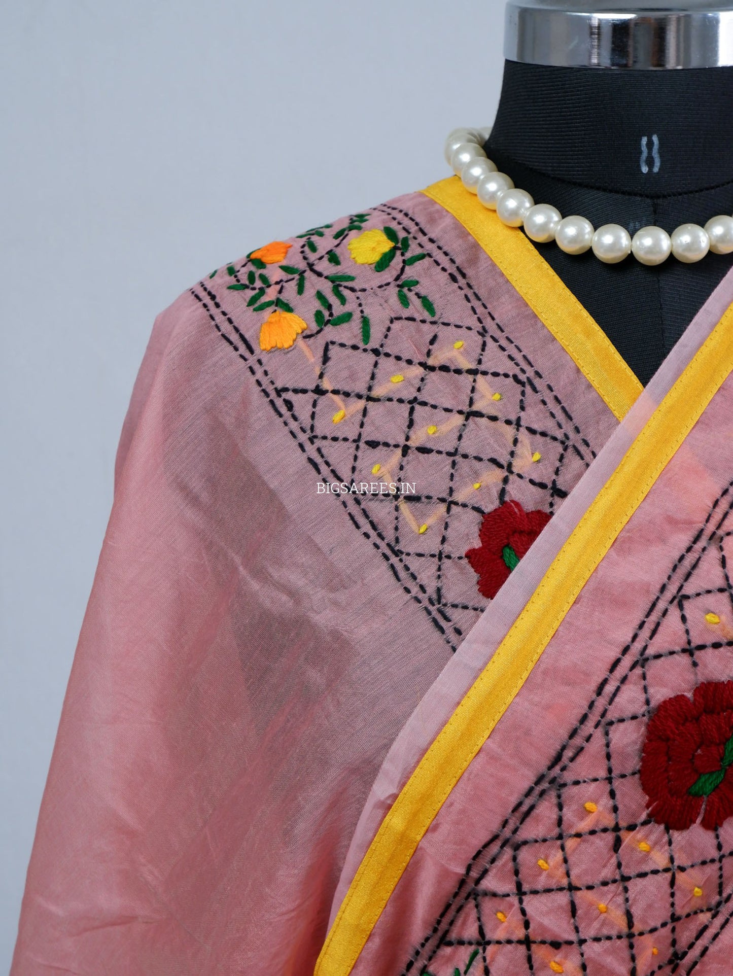 Phulkari Hand-Embroidered Saree | Chanderi Silk | Pink