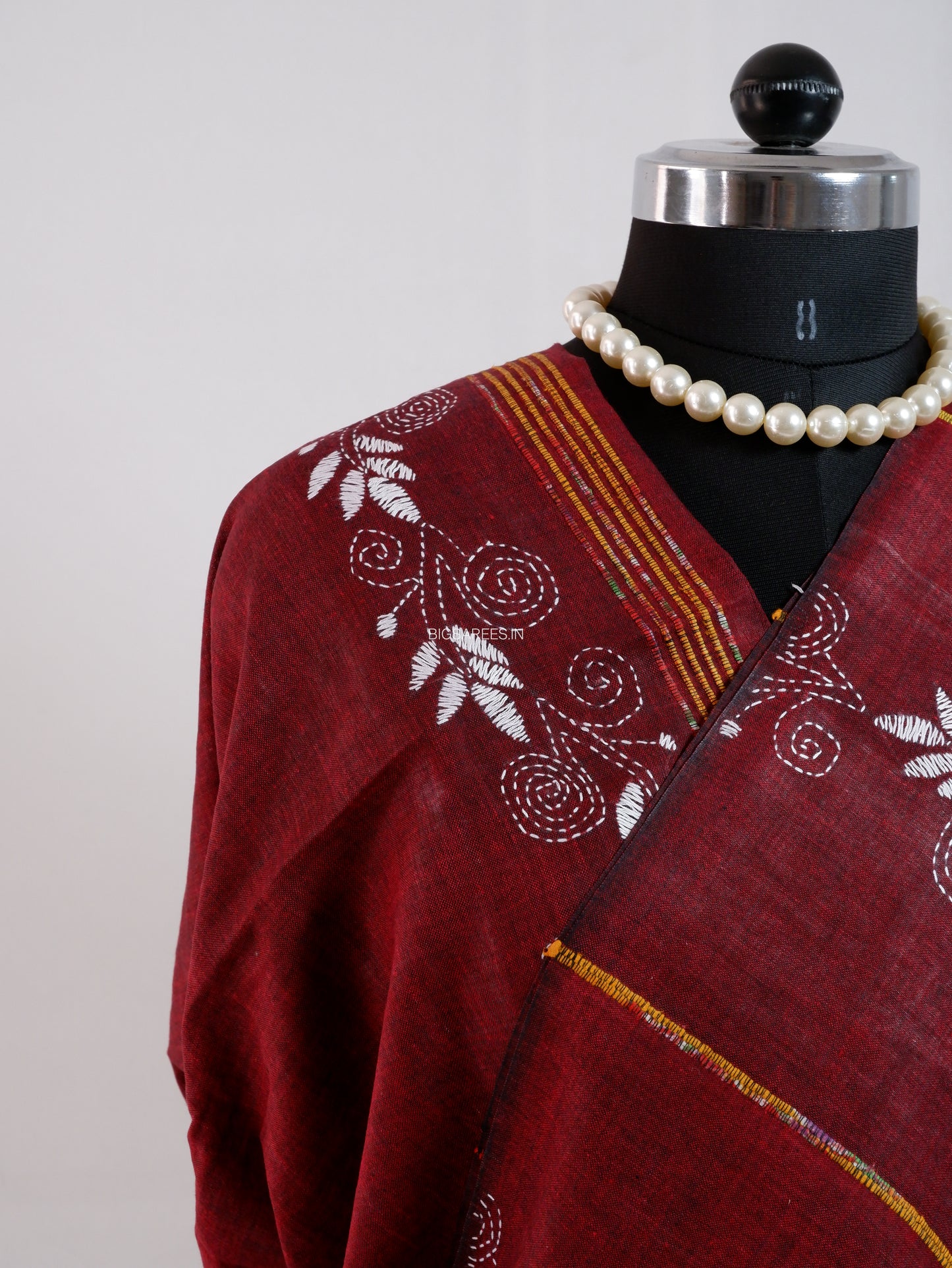 Kantha Stitch Hand-Embroidered Saree | Pure Khesh Cotton | Maroon