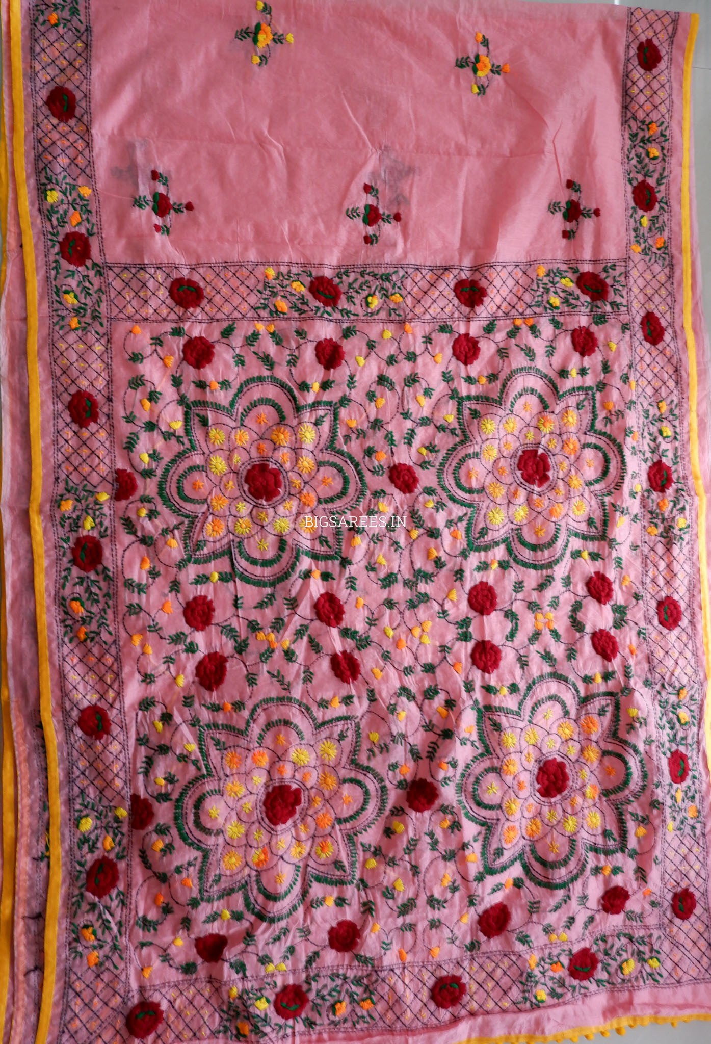Phulkari Hand-Embroidered Saree | Chanderi Silk | Pink