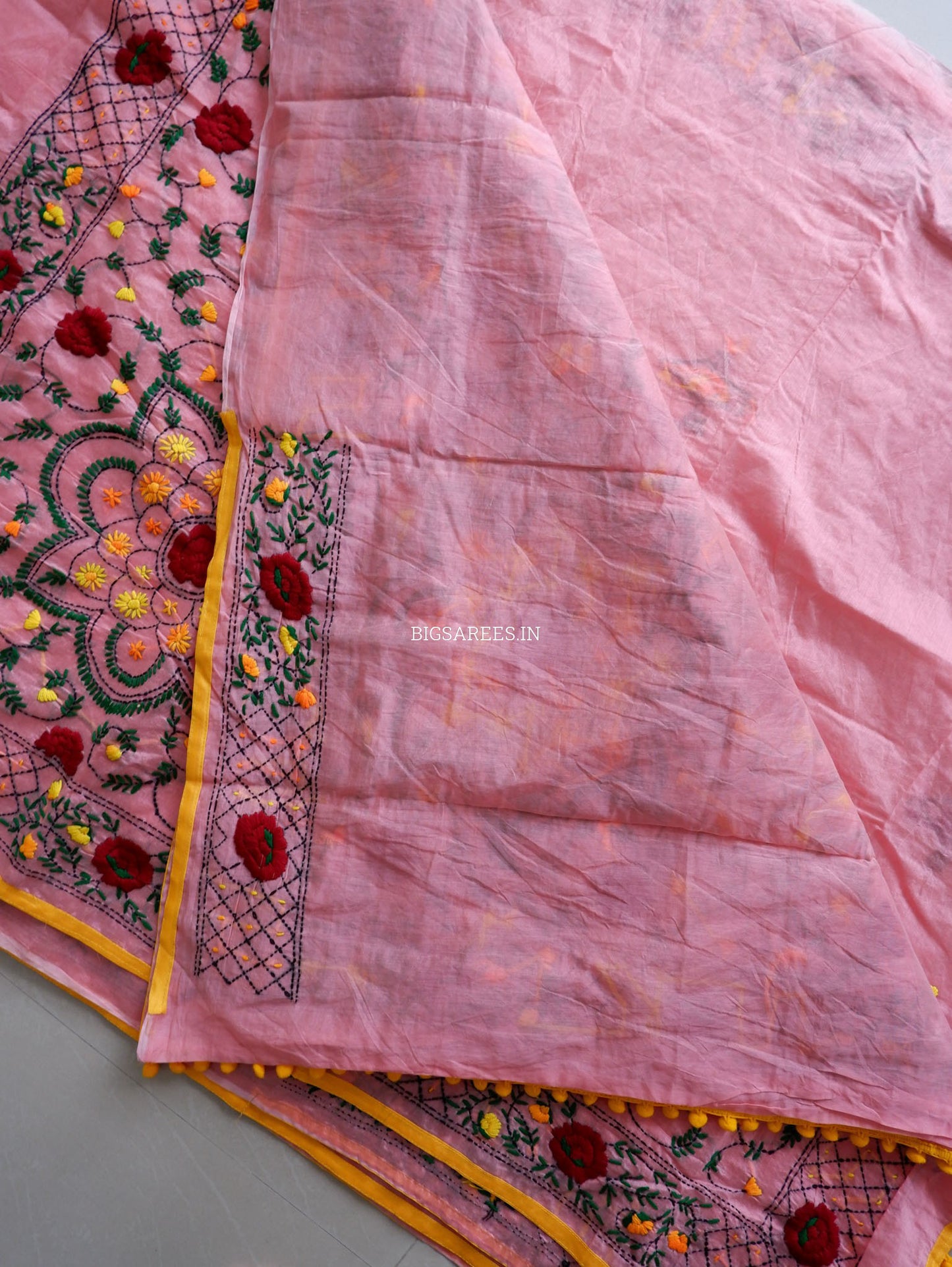 Phulkari Hand-Embroidered Saree | Chanderi Silk | Pink