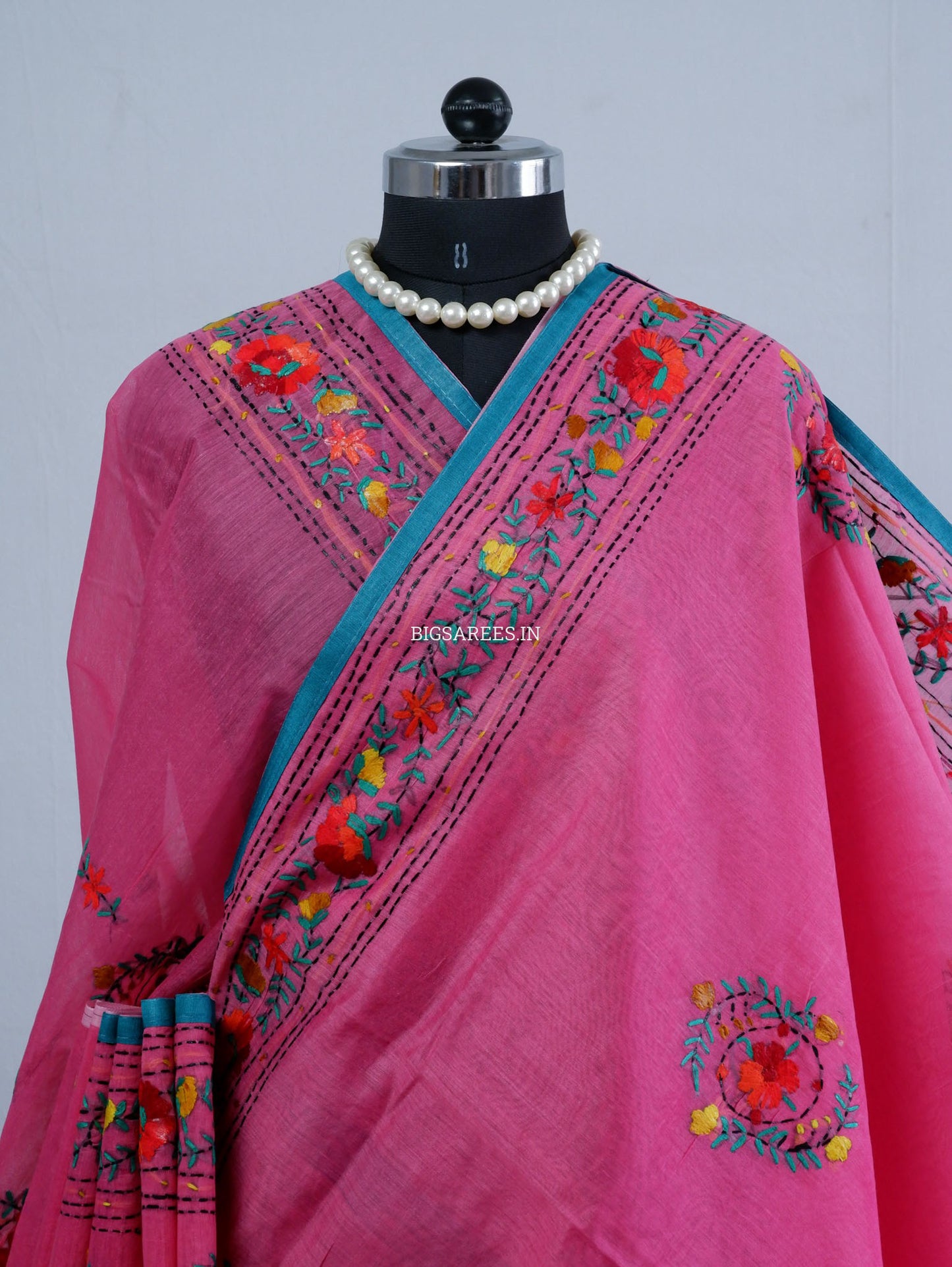 Phulkari Hand-Embroidered Saree | Chanderi Silk | Dark Pink